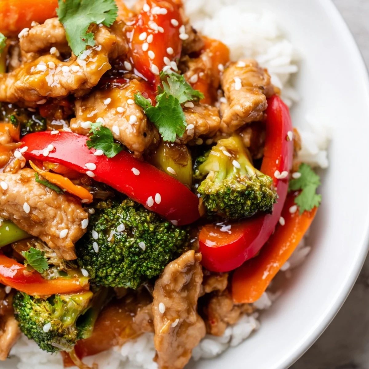 Golden brown ground turkey stir fry with broccoli florets coated in glossy savory sauce