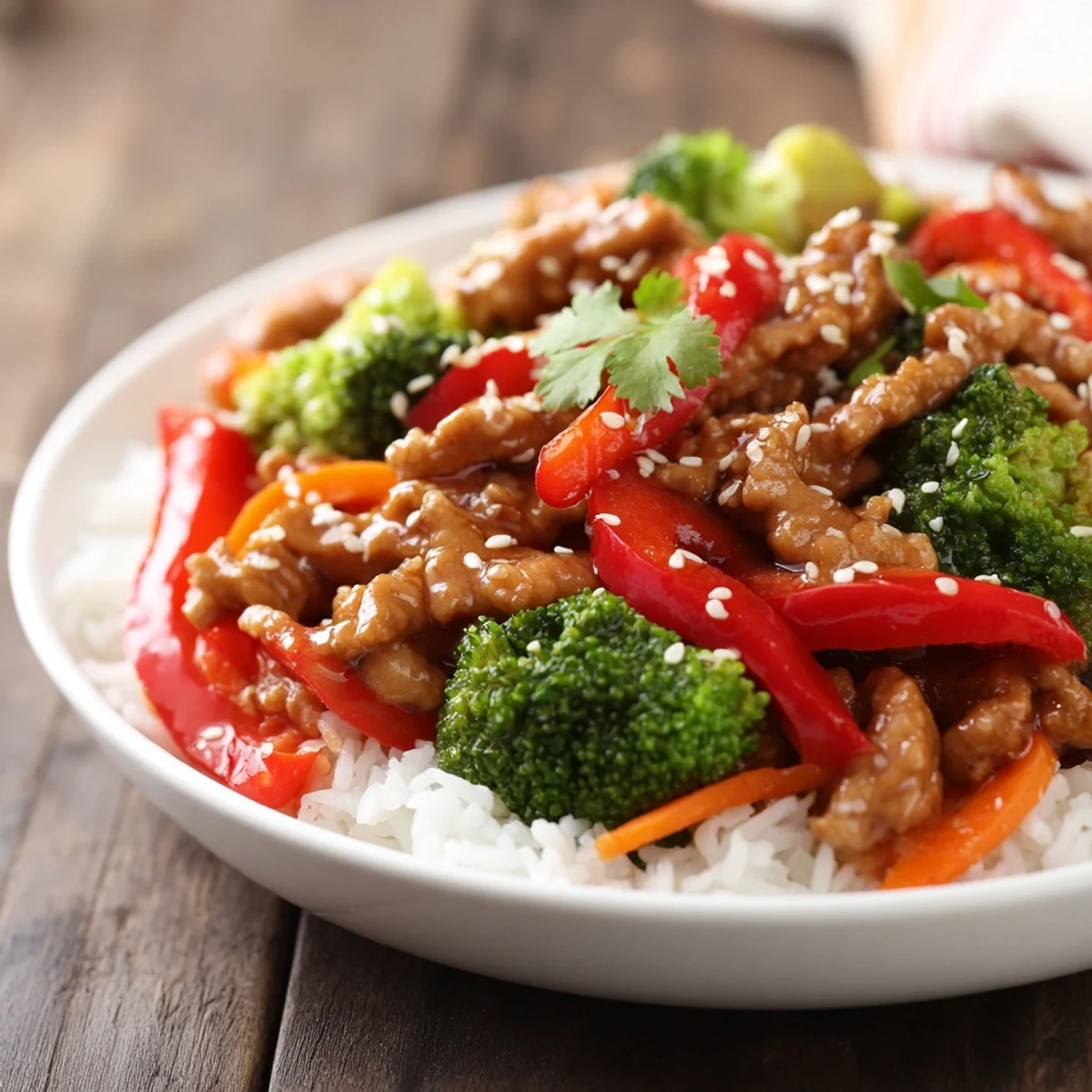Vibrant ground turkey stir fry with crisp broccoli and colorful vegetables in a hot skillet