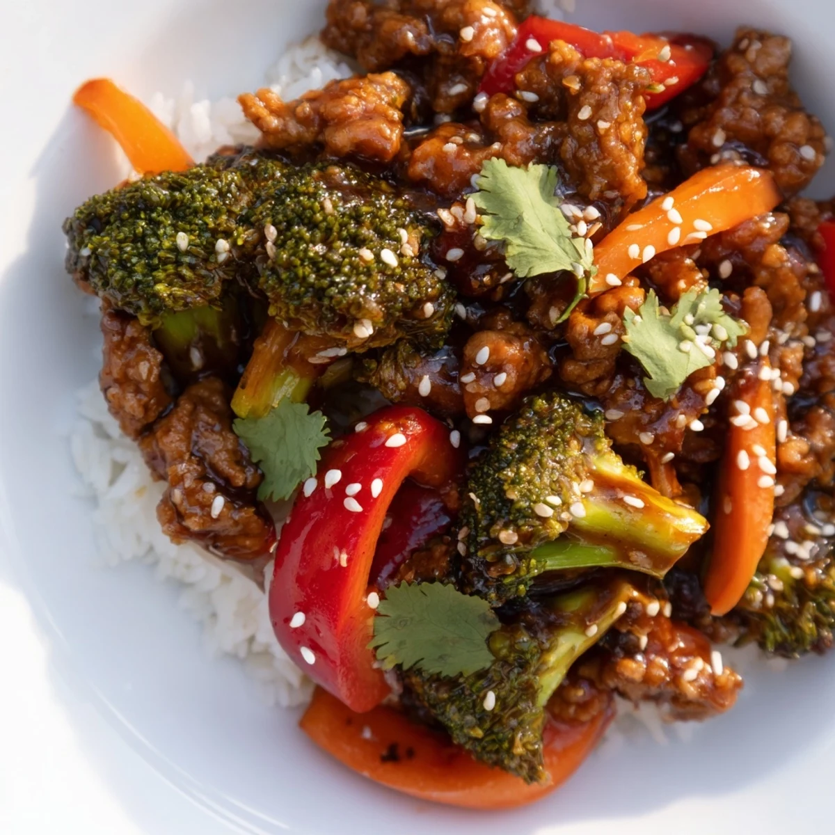 Steamy ground turkey stir fry with broccoli and red pepper ready for quick weeknight dinner