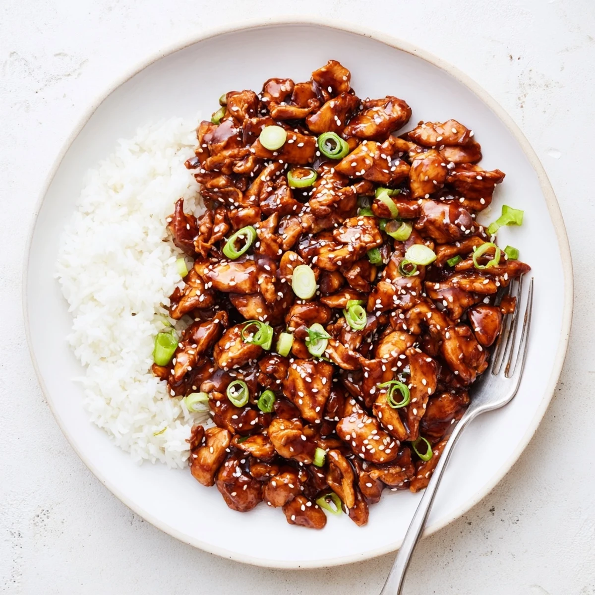 Savory slow cooker Mongolian chicken coated in sweet hoisin glaze with sesame seed garnish