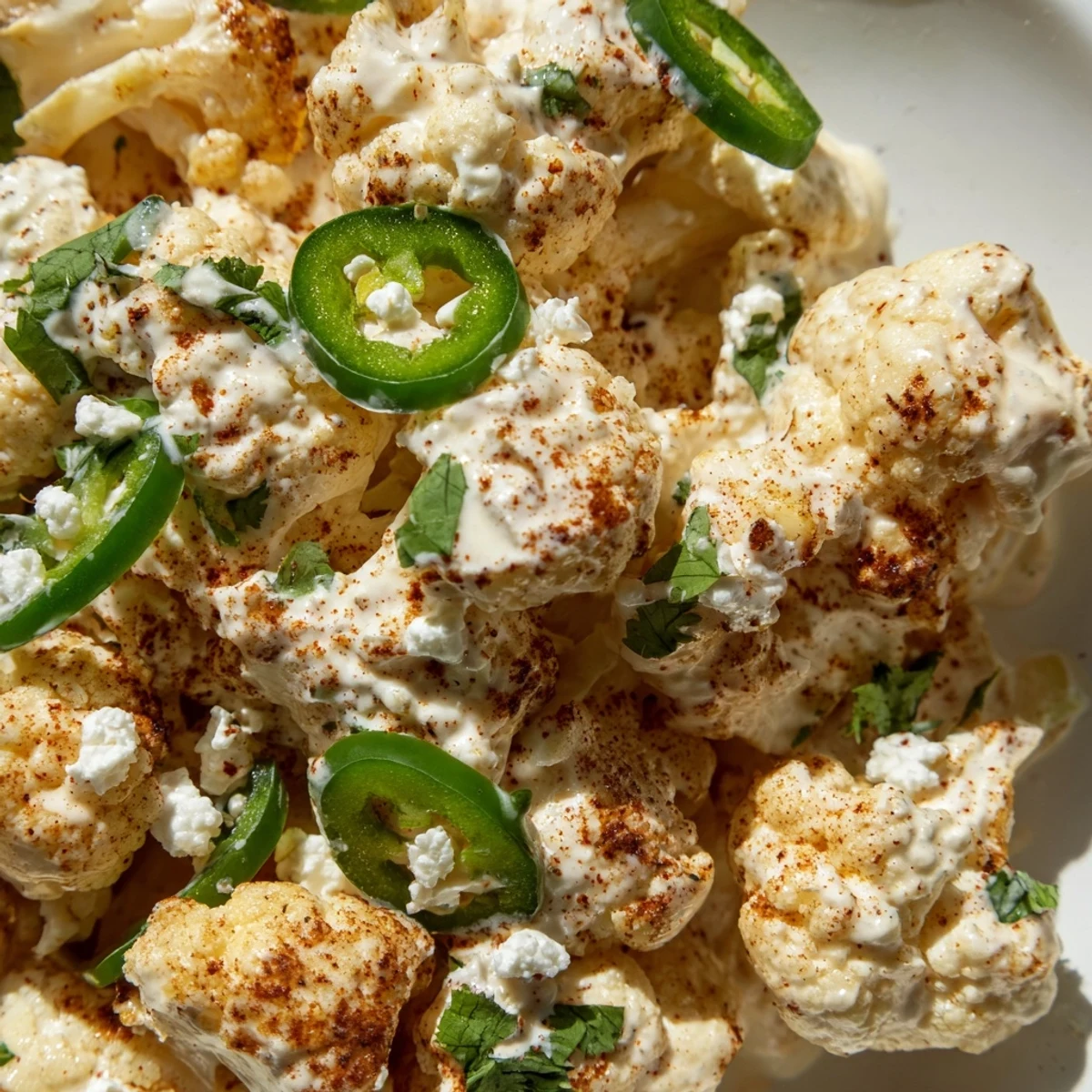 Mexican-style cauliflower elote topped with fresh cilantro, chili powder, and tangy mayonnaise-lime dressing