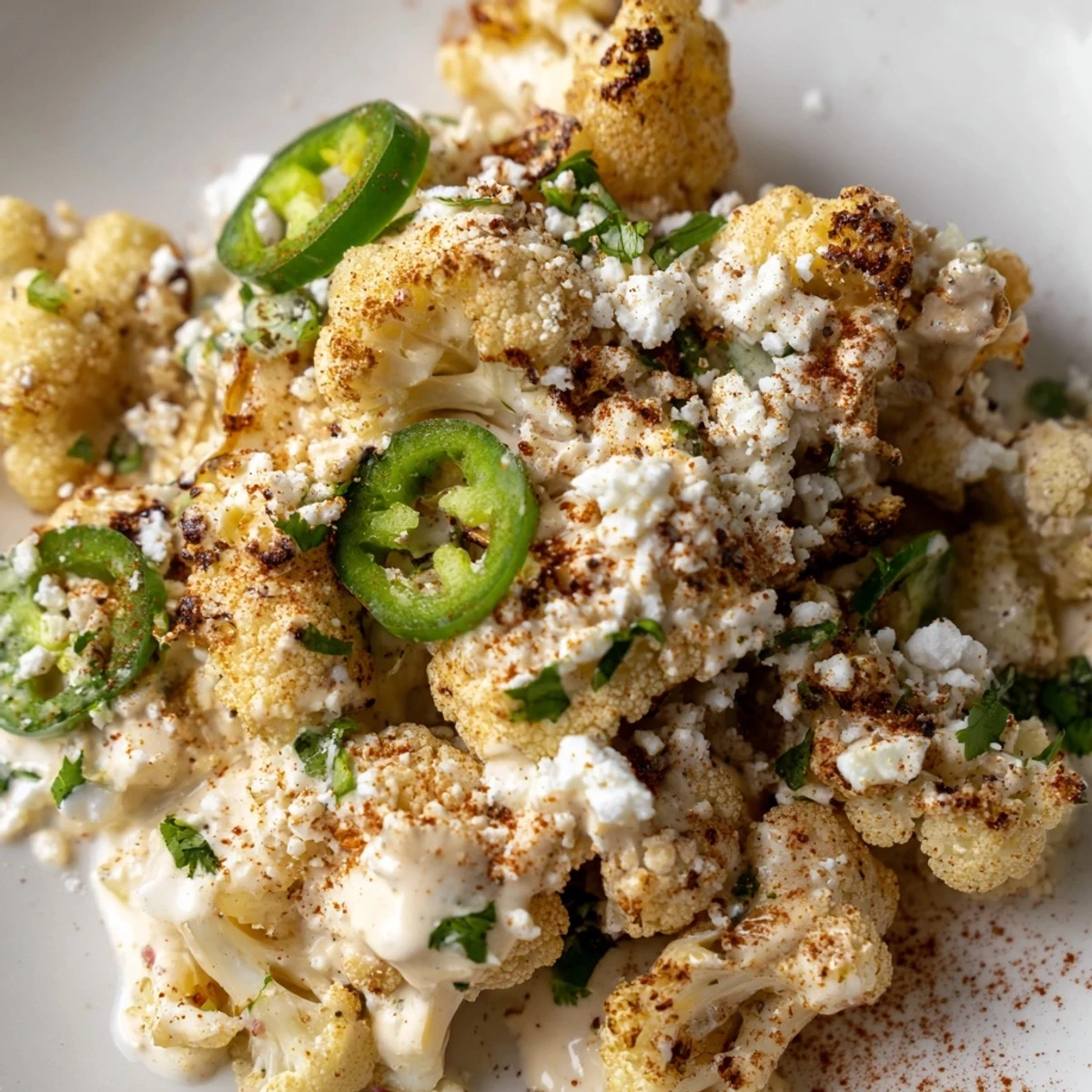 Golden roasted cauliflower elote drizzled with creamy lime sauce and sprinkled with crumbly cotija cheese