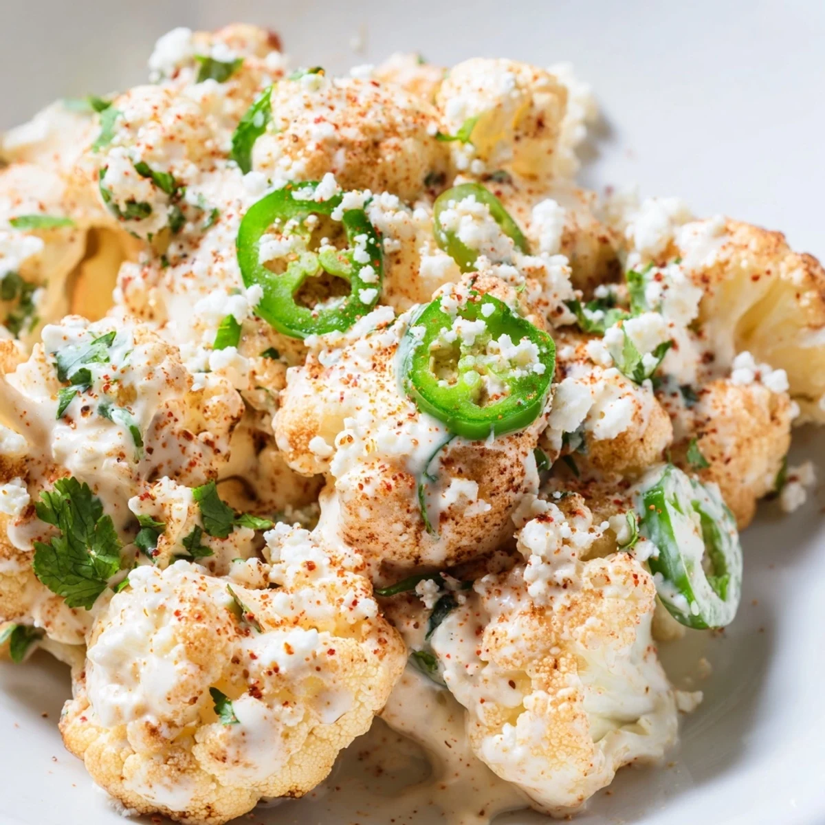 Colorful plate of cauliflower elote garnished with jalapeño slices, cilantro, and white cheese crumbles