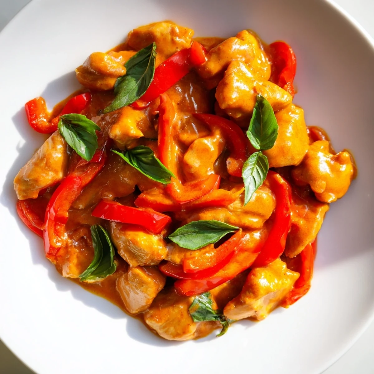 Tender pieces of chicken swimming in rich coconut curry sauce with fresh basil leaves