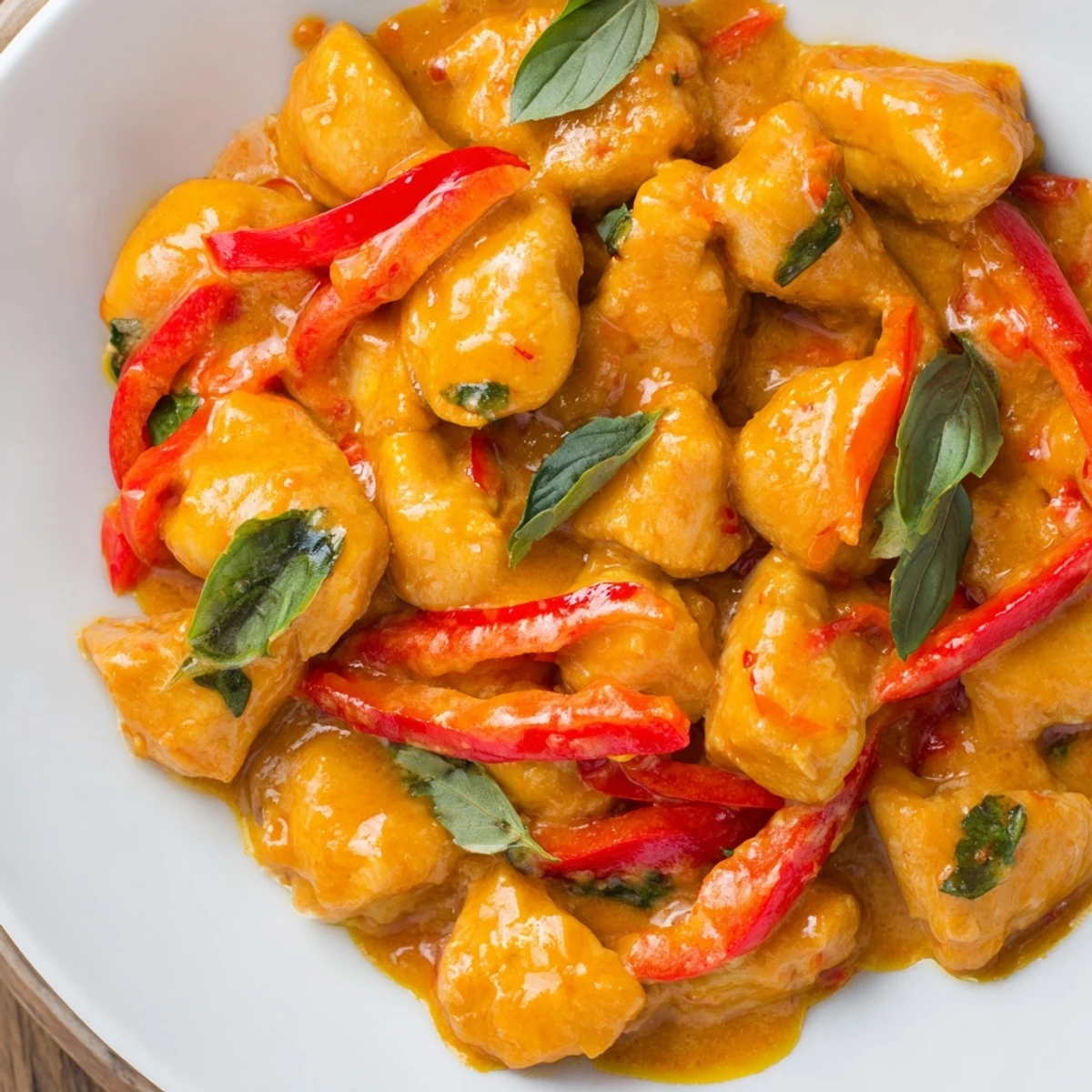 Creamy Thai-style basil chicken with coconut curry sauce served over fluffy white jasmine rice