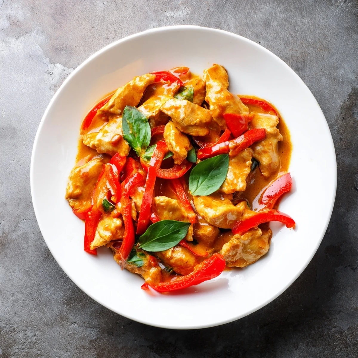Golden chicken breast simmered in aromatic coconut curry sauce topped with vibrant fresh basil