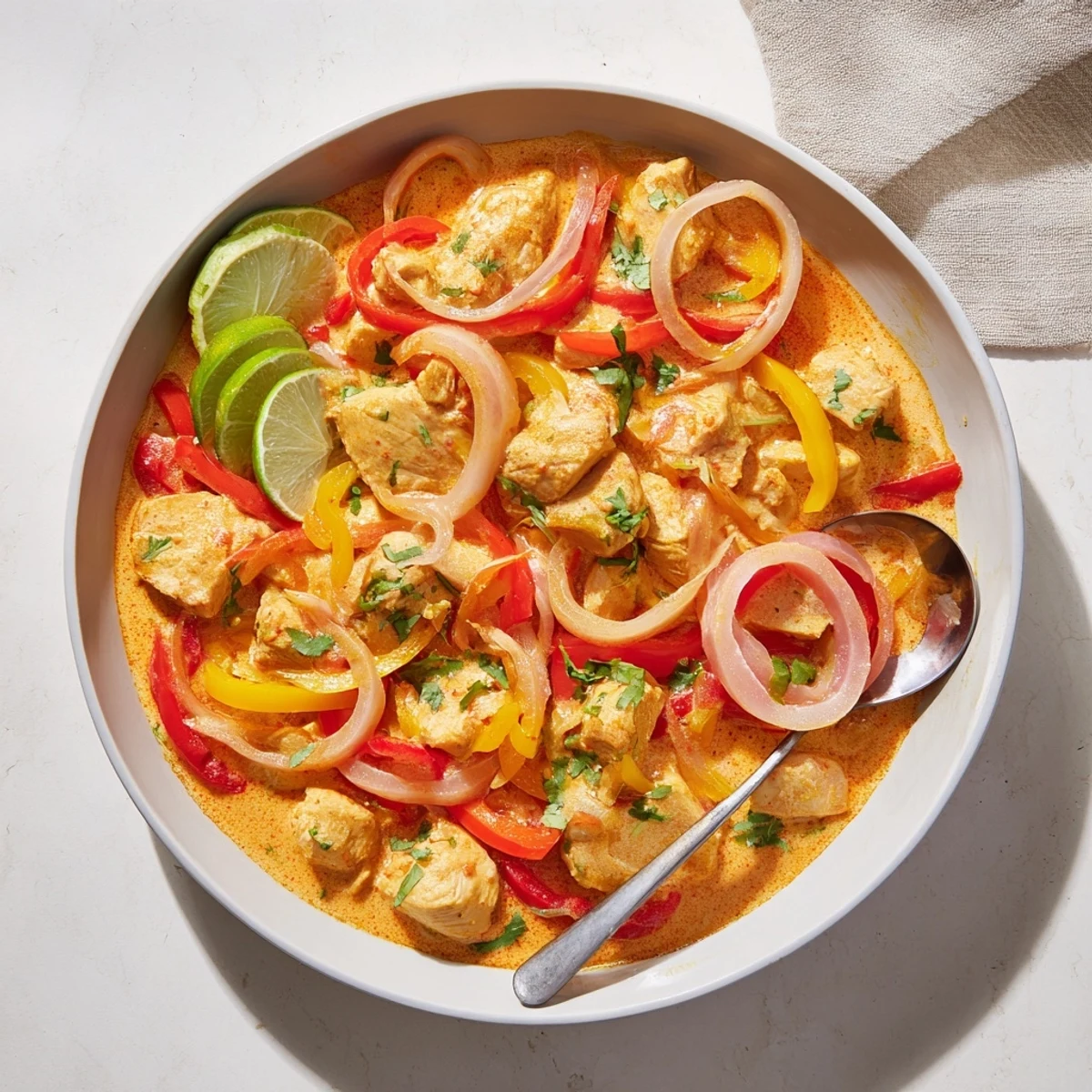 Golden chicken thighs swimming in rich, creamy spicy Brazilian coconut milk sauce with colorful bell pepper strips