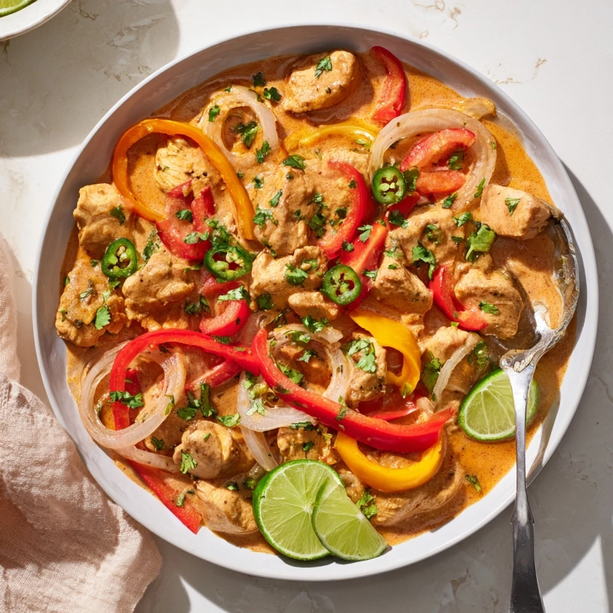 Tender chunks of spicy Brazilian coconut chicken simmered in aromatic coconut milk with vibrant red and yellow peppers
