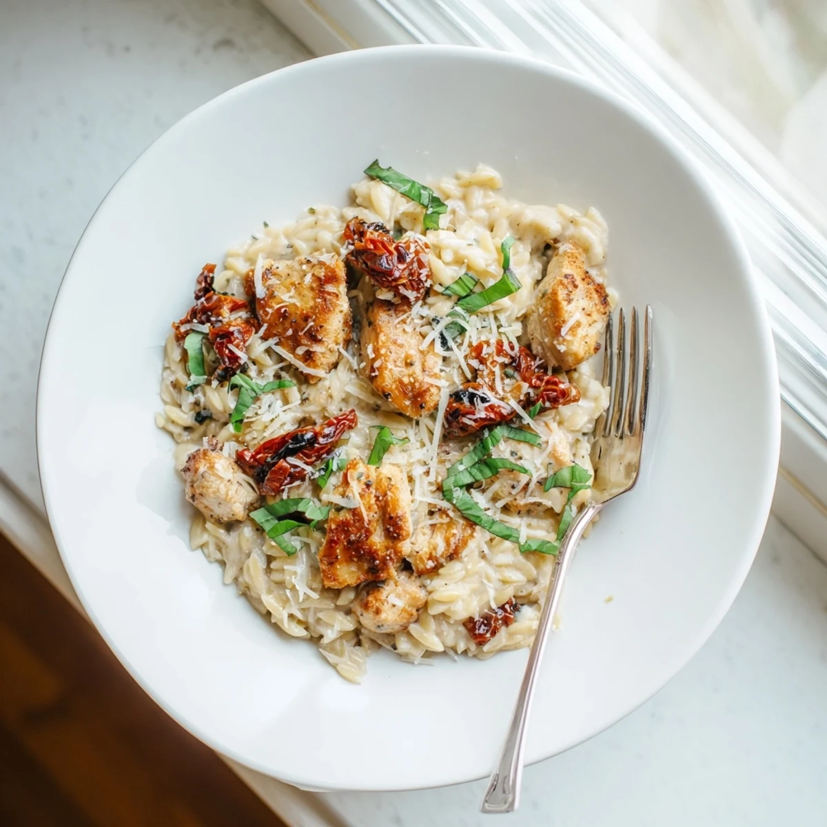 Creamy Marry Me Chicken Orzo with sun-dried tomatoes in a white ceramic bowl