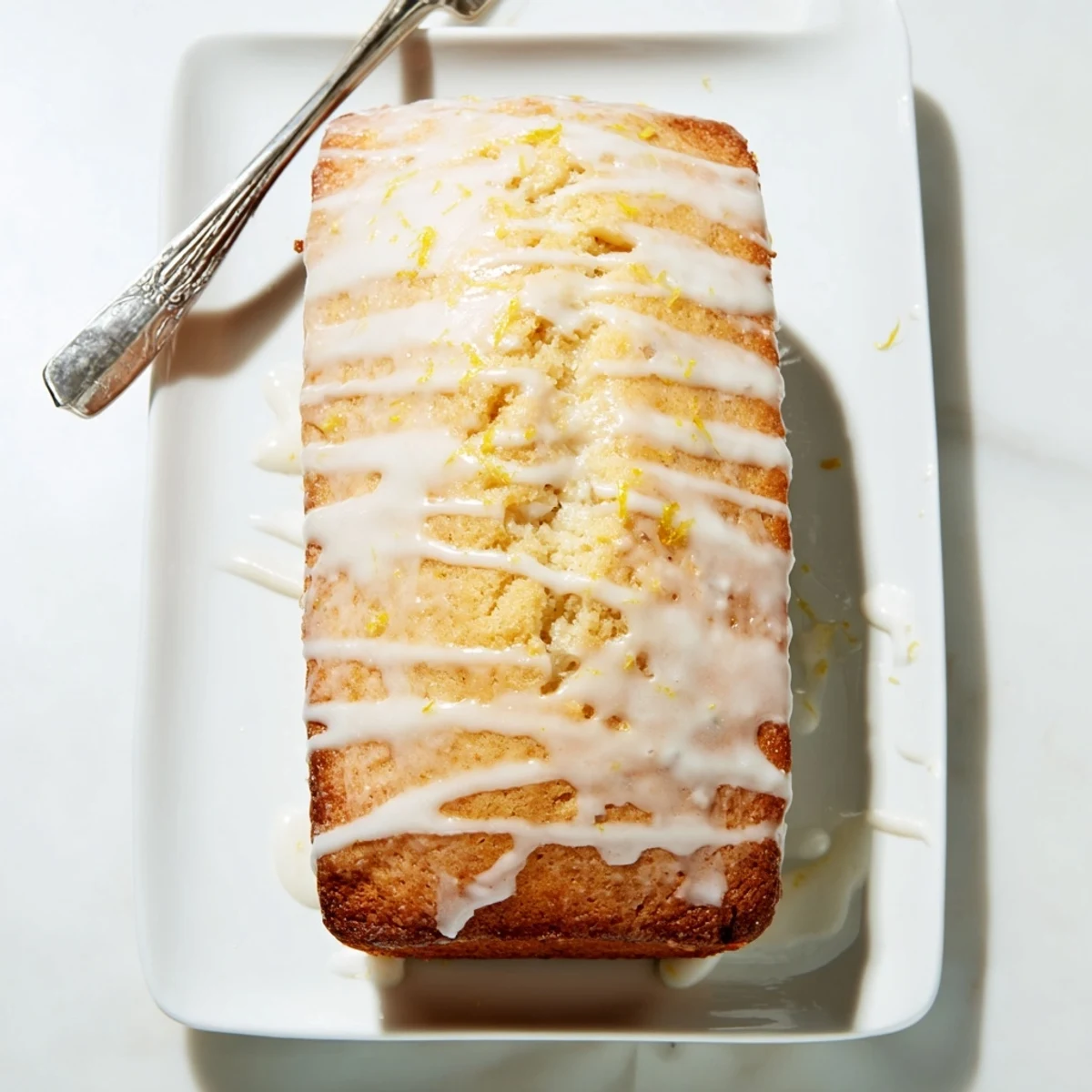 Tea time lemon loaf topped with glossy icing and fresh lemon zest garnish