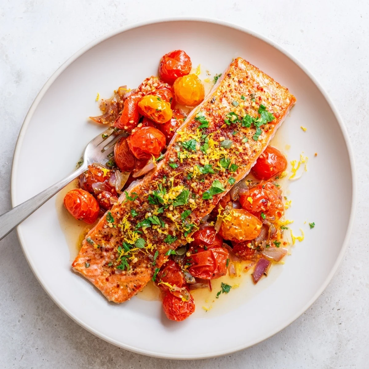 Golden pan-seared salmon fillets topped with vibrant tomato lemon sauce and fresh parsley garnish