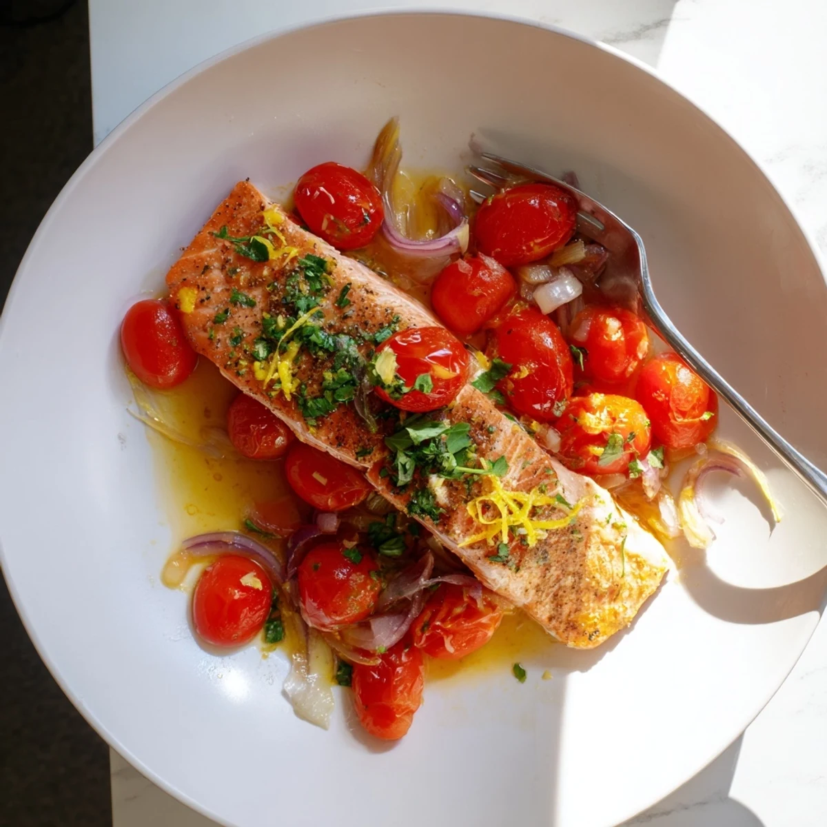 Flaky salmon resting in zesty tomato lemon sauce with cherry tomatoes and red onion pieces