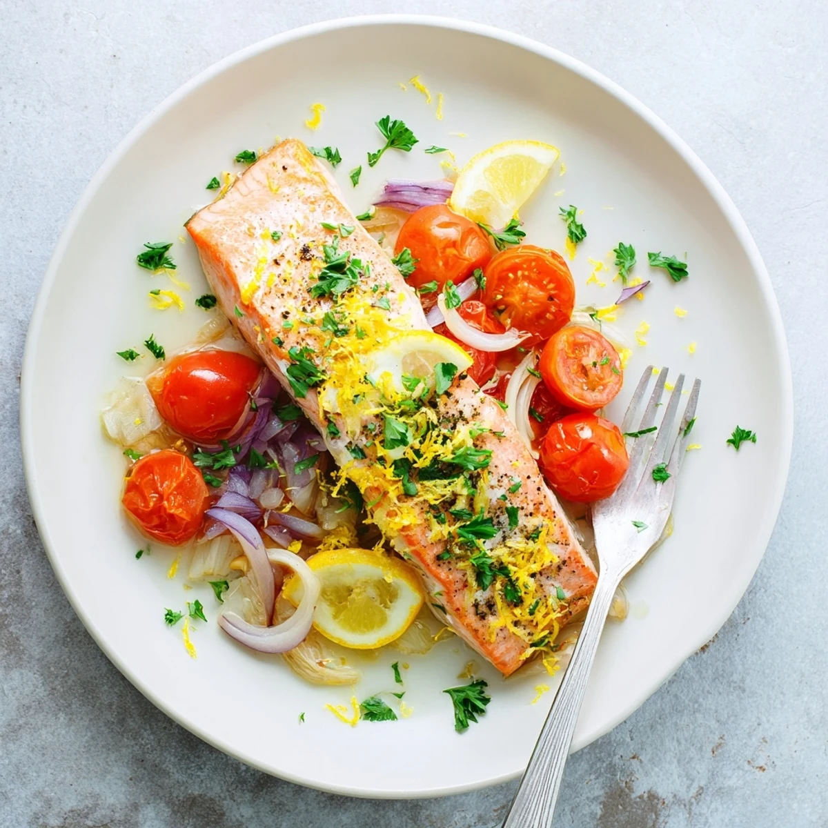 Quick and easy salmon dinner glistening with garlic tomato lemon sauce on a white plate