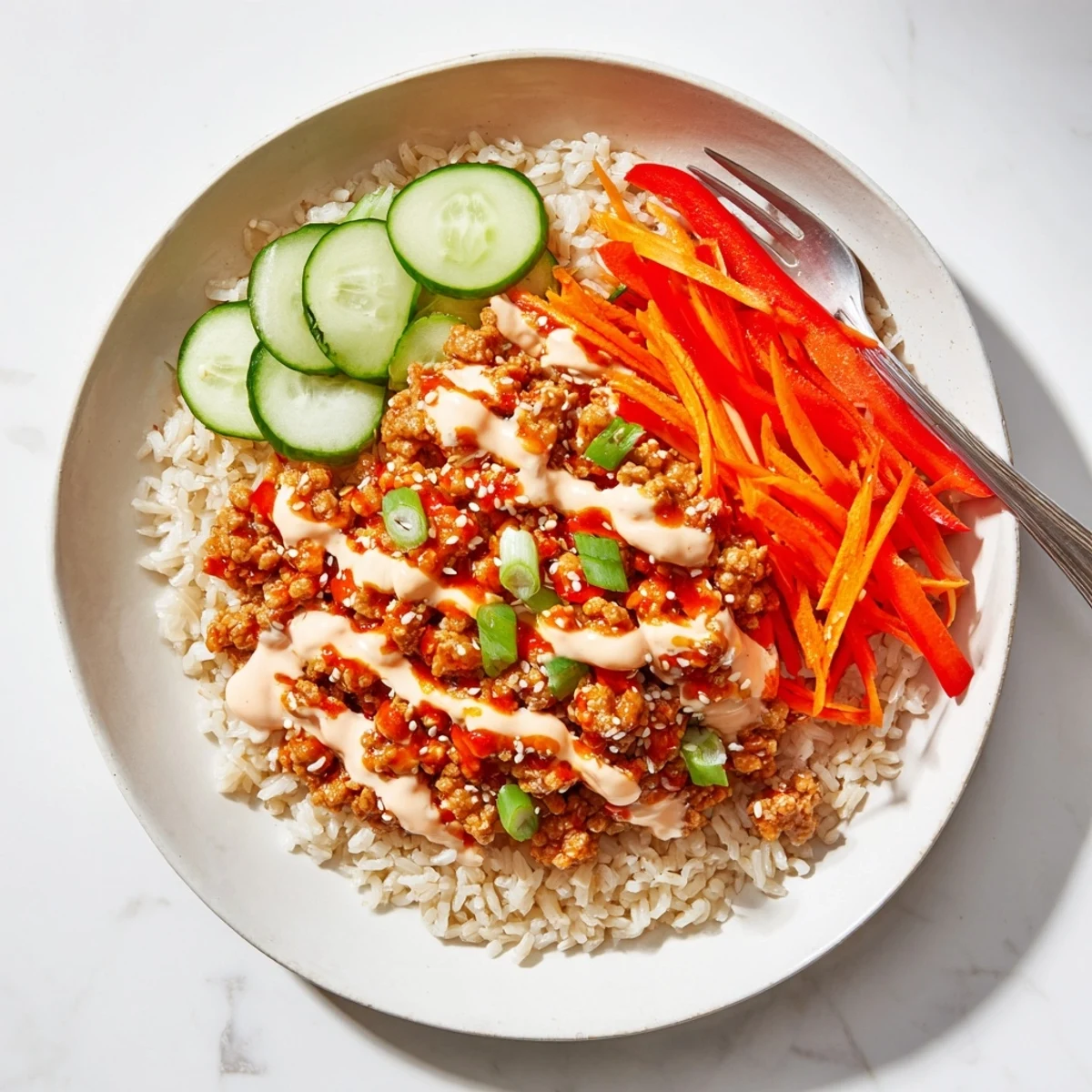 Spicy ground chicken tossed in fiery red sauce atop white rice with fresh cucumber, carrots, and sesame seed garnish