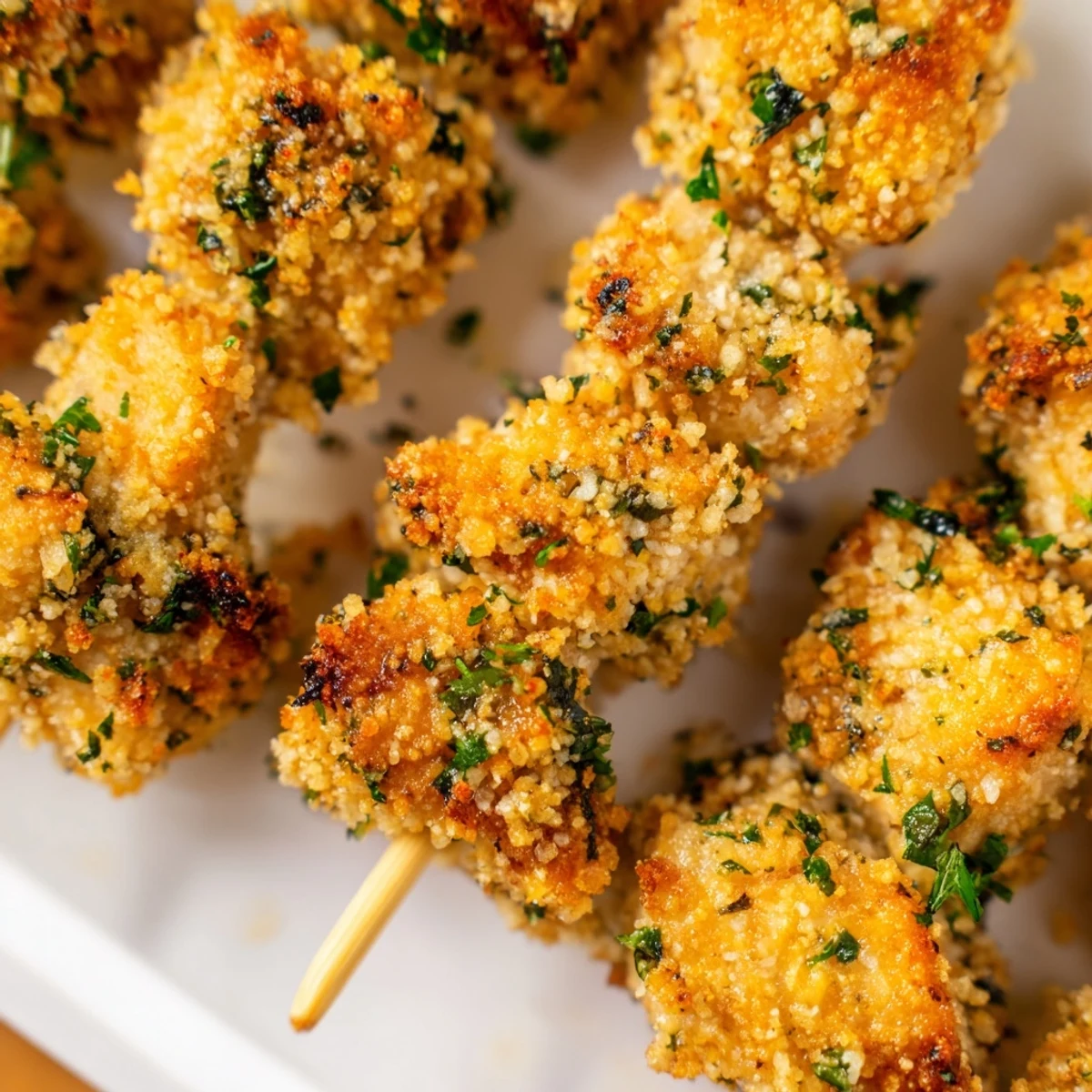 Golden Air Fryer Garlic Parmesan Chicken Skewers with crispy coating and fresh parsley garnish