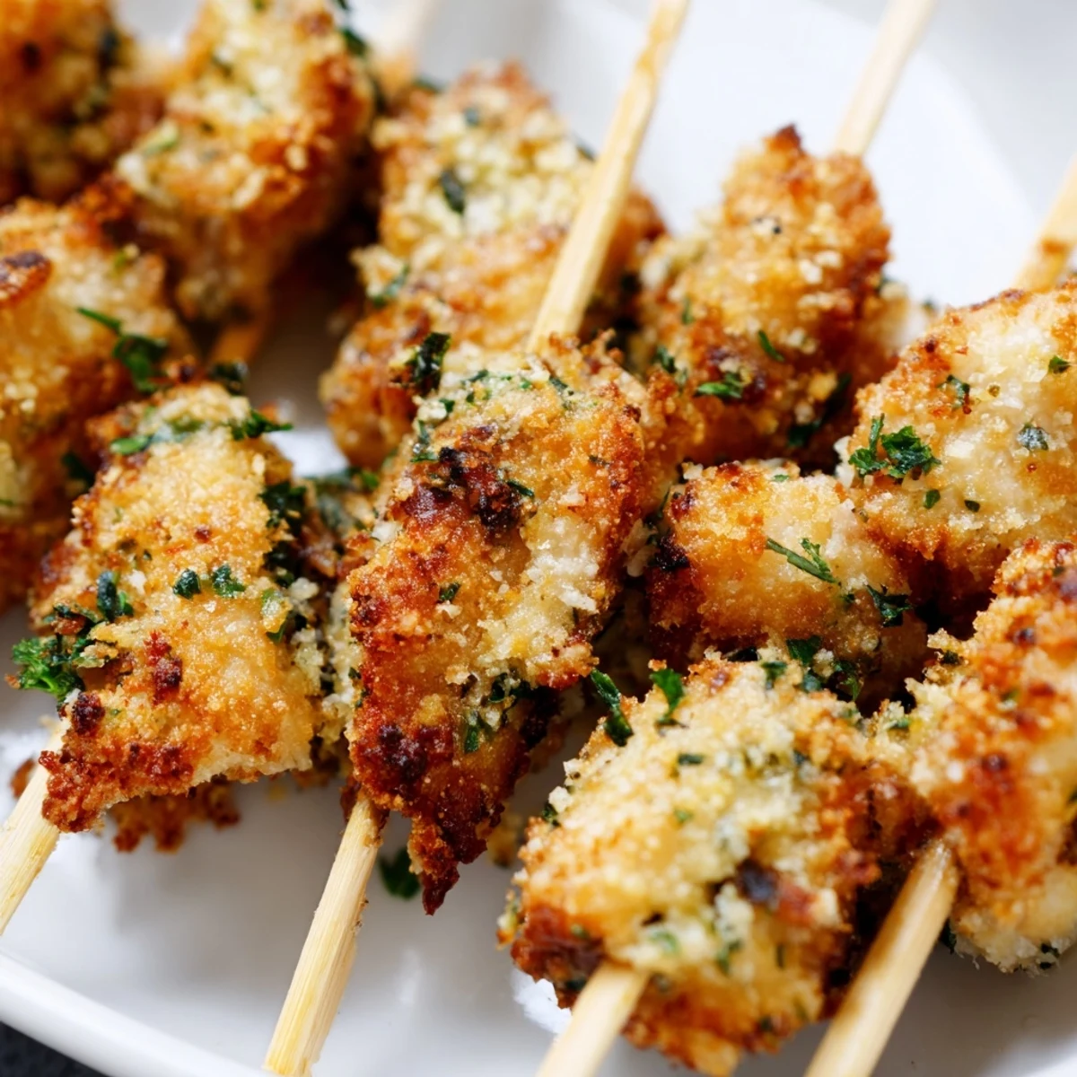 Juicy marinated chicken threaded on skewers air fried to perfection with lemon wedges