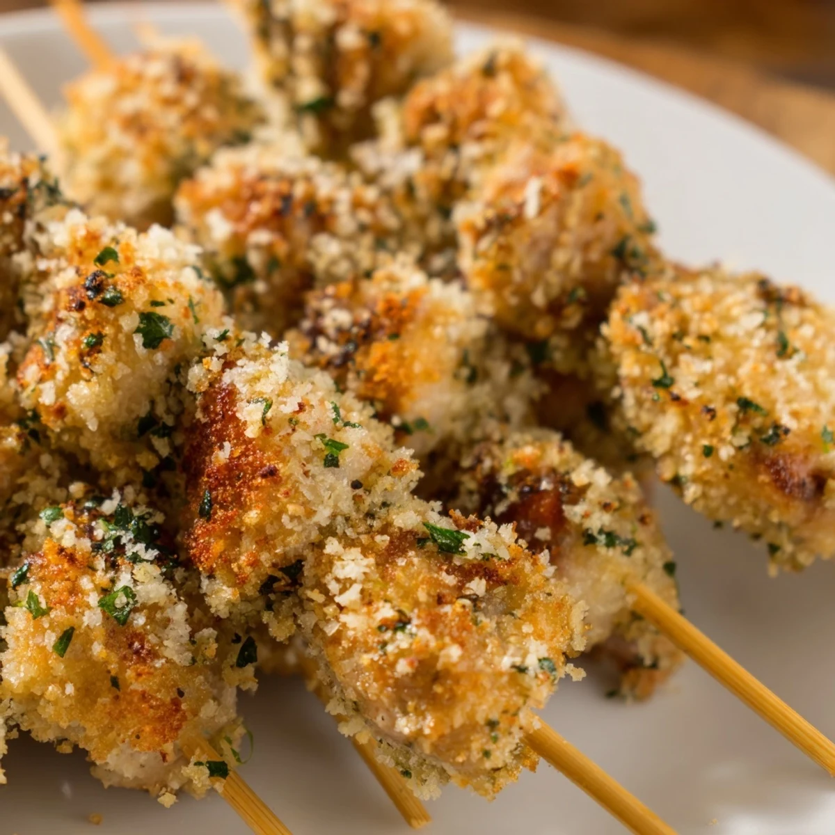 Tender chicken cubes coated in savory Parmesan breadcrumbs cooked golden in air fryer basket