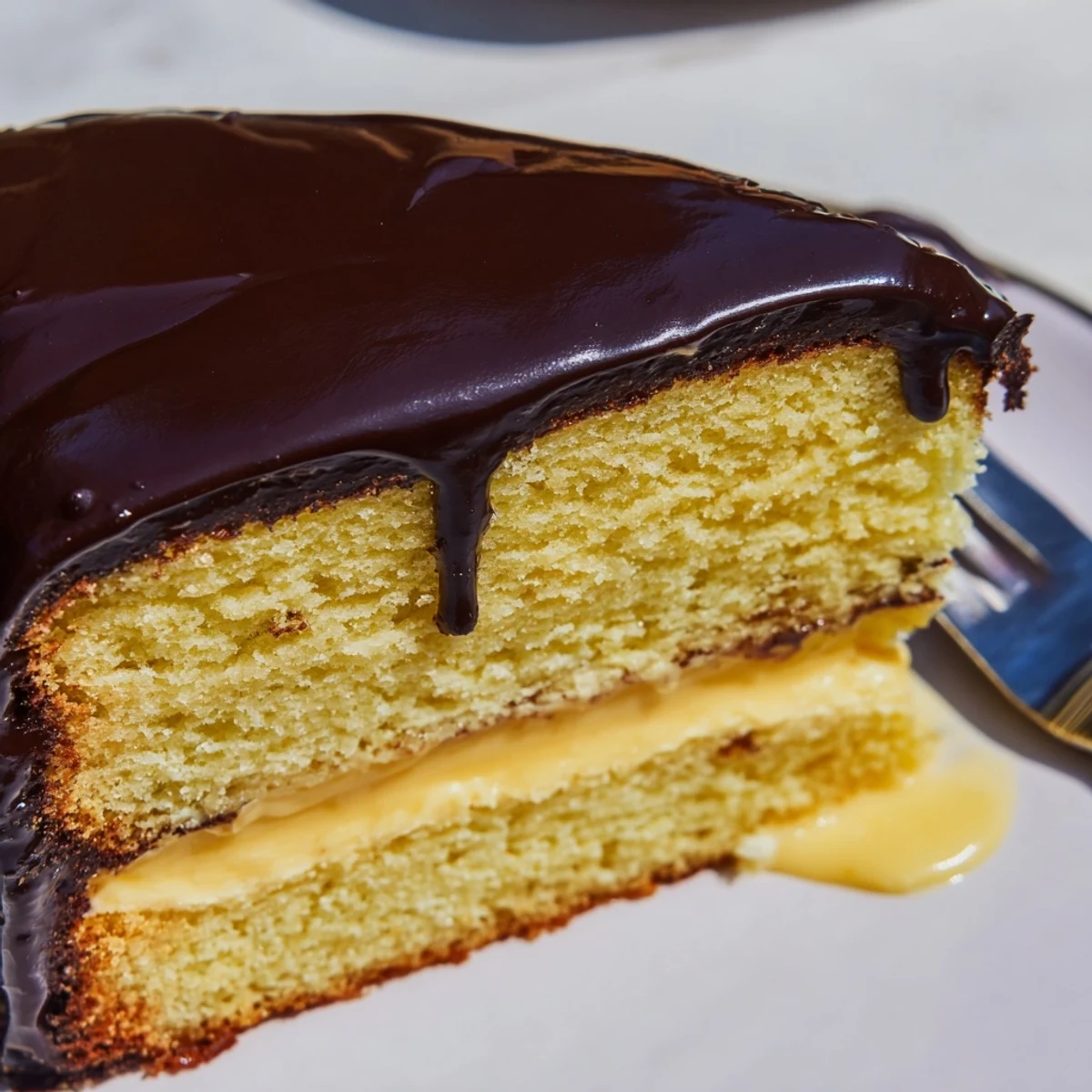 Decadent classic Boston cream pie cake topped with glossy chocolate frosting and filled with creamy vanilla custard between tender sponge layers