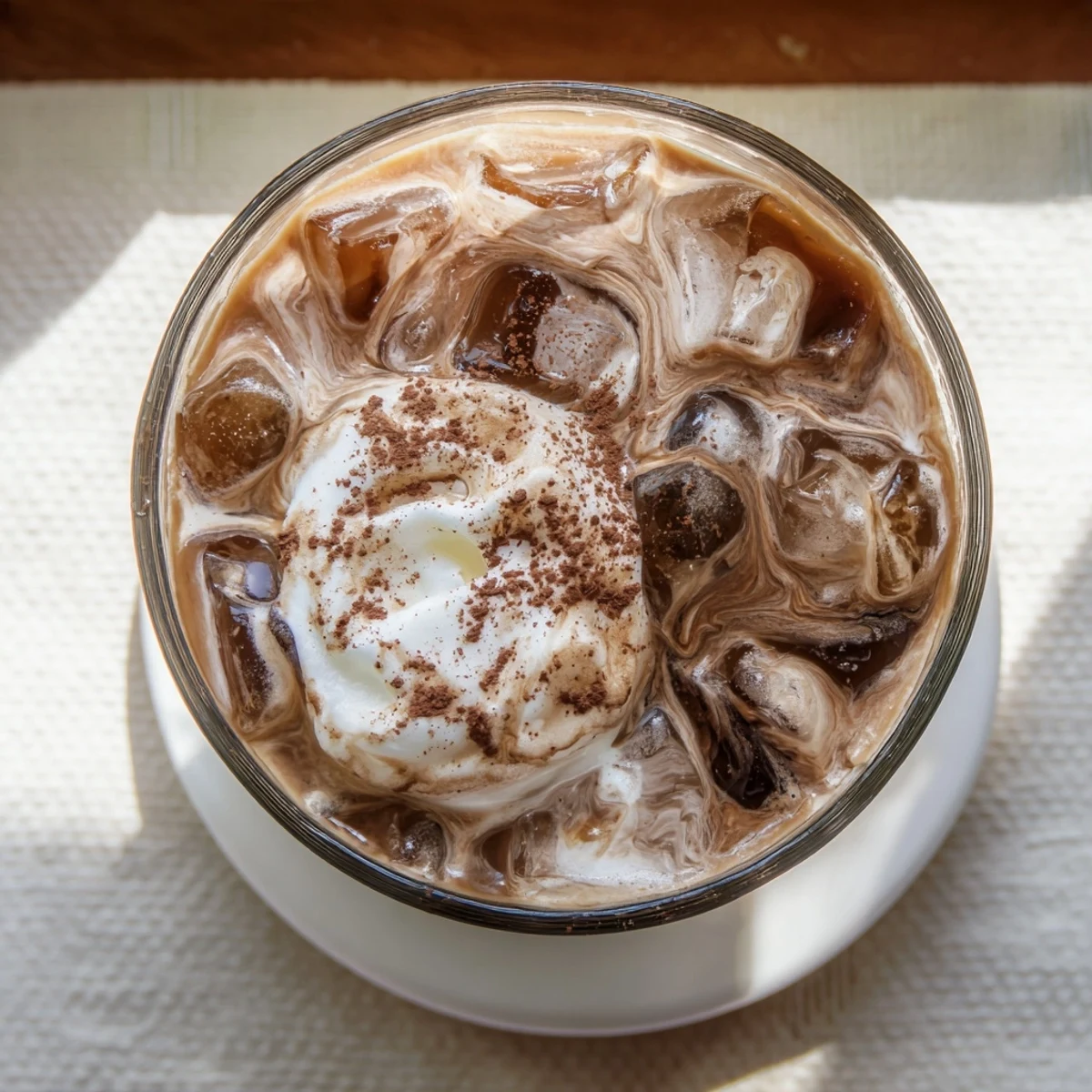 Cold glass of refreshing iced coffee with whipped cream topping and cinnamon dusting