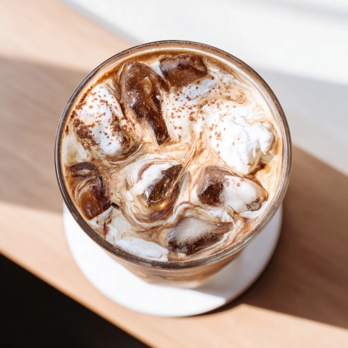 Refreshing iced coffee served in a tall glass with ice cubes and creamy milk swirl