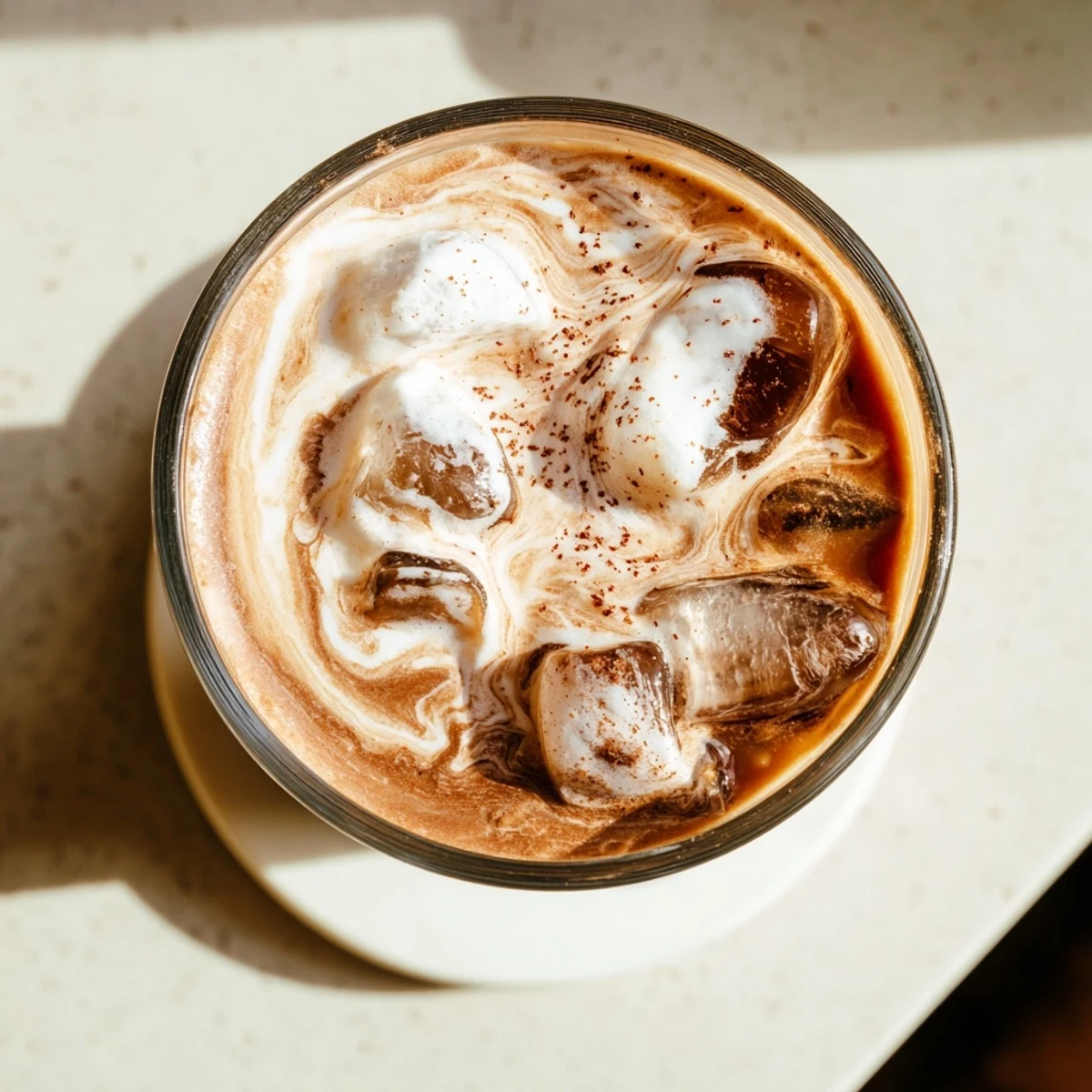 Close up view of refreshing iced coffee over ice with milk creating swirl patterns