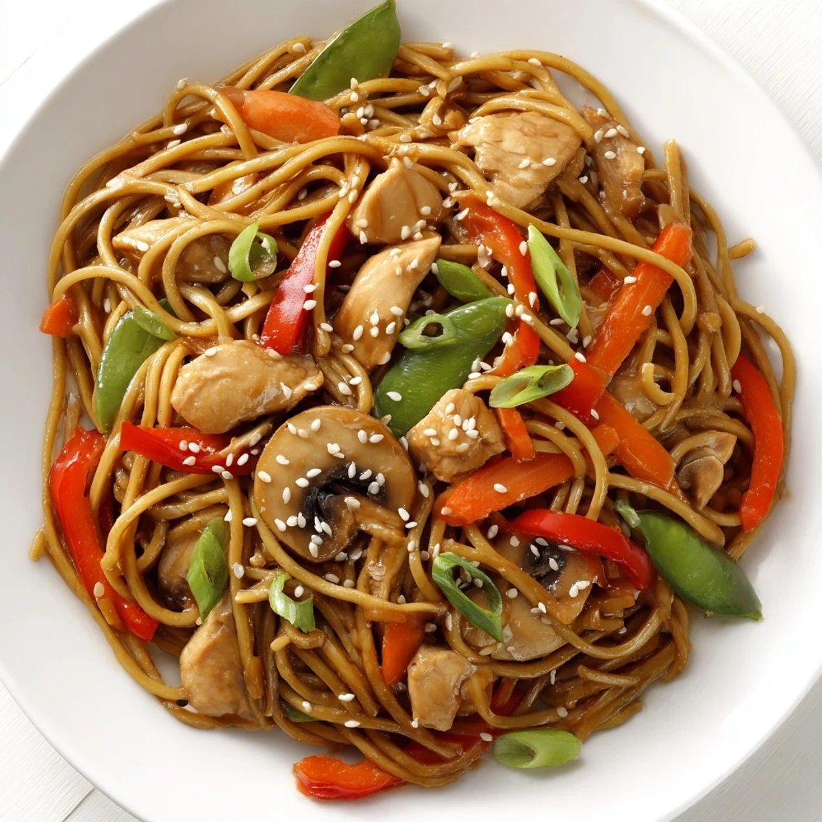 Colorful bowl of easy Crockpot chicken lo mein loaded with tender vegetables and savory glazed noodles