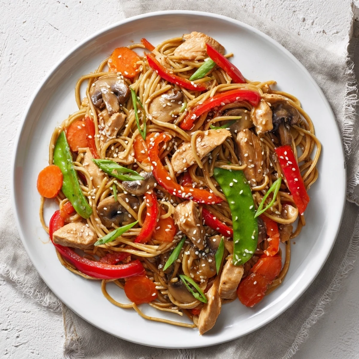 Plated homemade chicken lo mein garnished with toasted sesame seeds and fresh green onions in glossy soy sauce