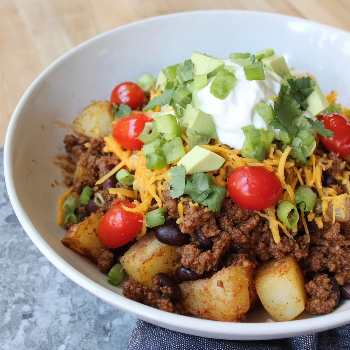 Hearty ground beef potato taco bowl layered with melted cheese, fresh avocado, and colorful toppings