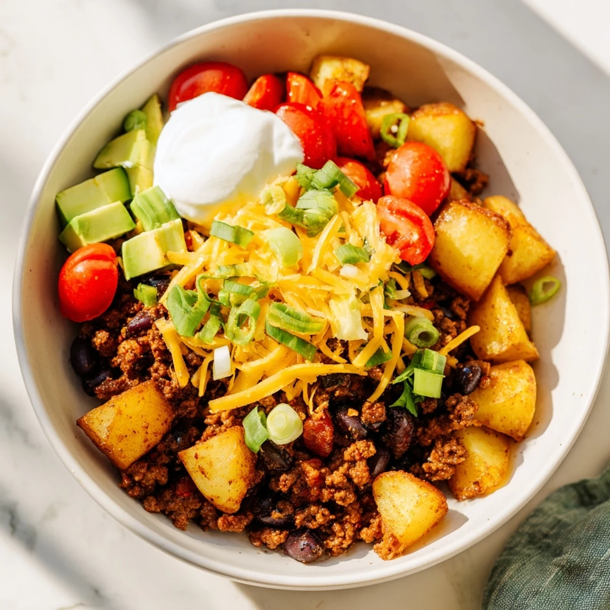 Crispy roasted potatoes topped with seasoned ground beef, tomatoes, and cilantro in a tex-mex bowl