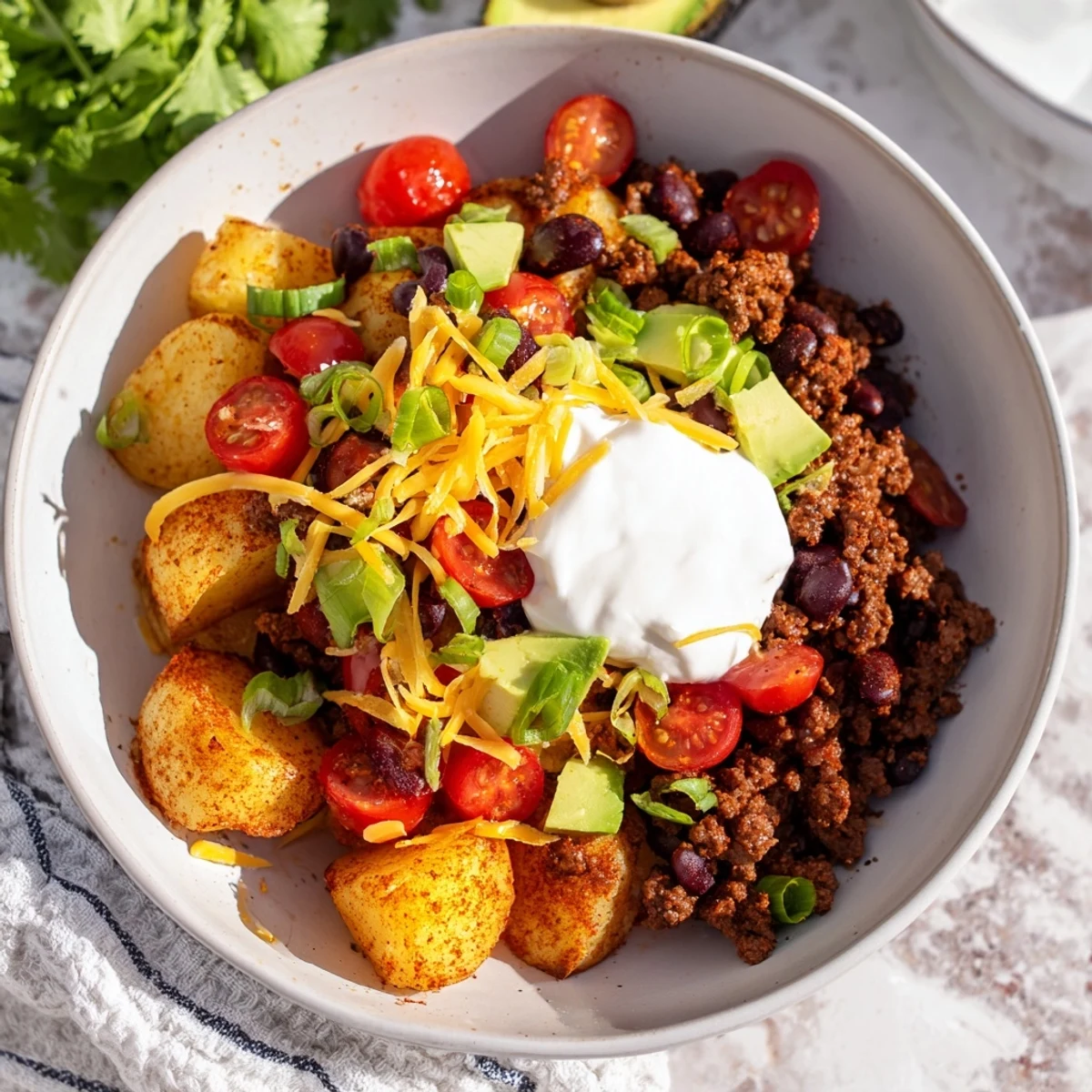 Savory ground beef and potato taco bowl garnished with sour cream, beans, and lime wedges