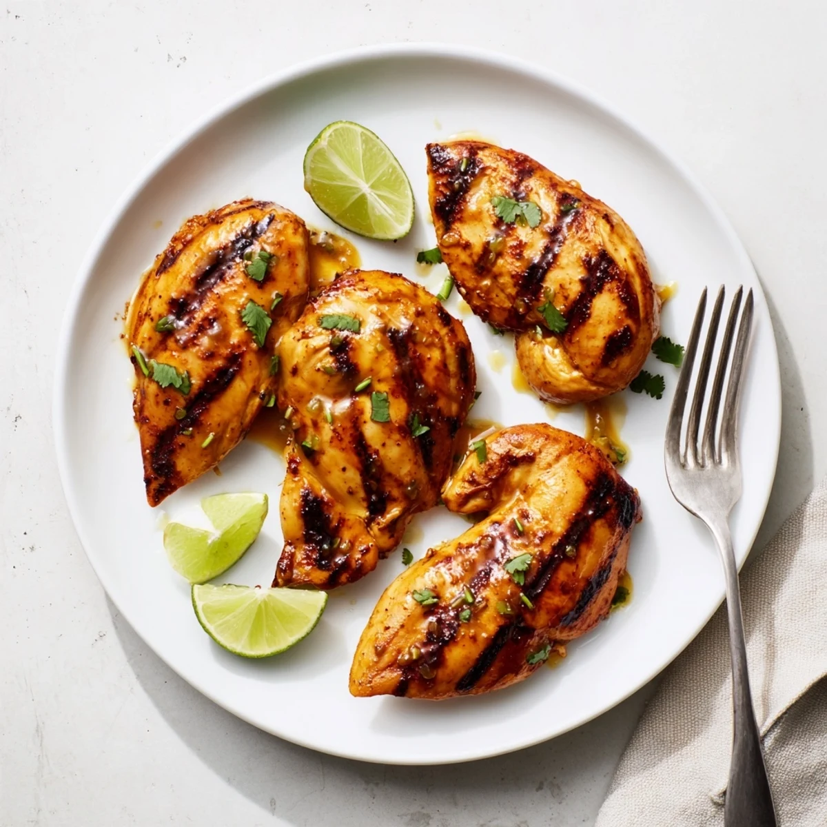 Golden grilled mango chicken breast garnished with fresh cilantro and lime wedges on a white plate