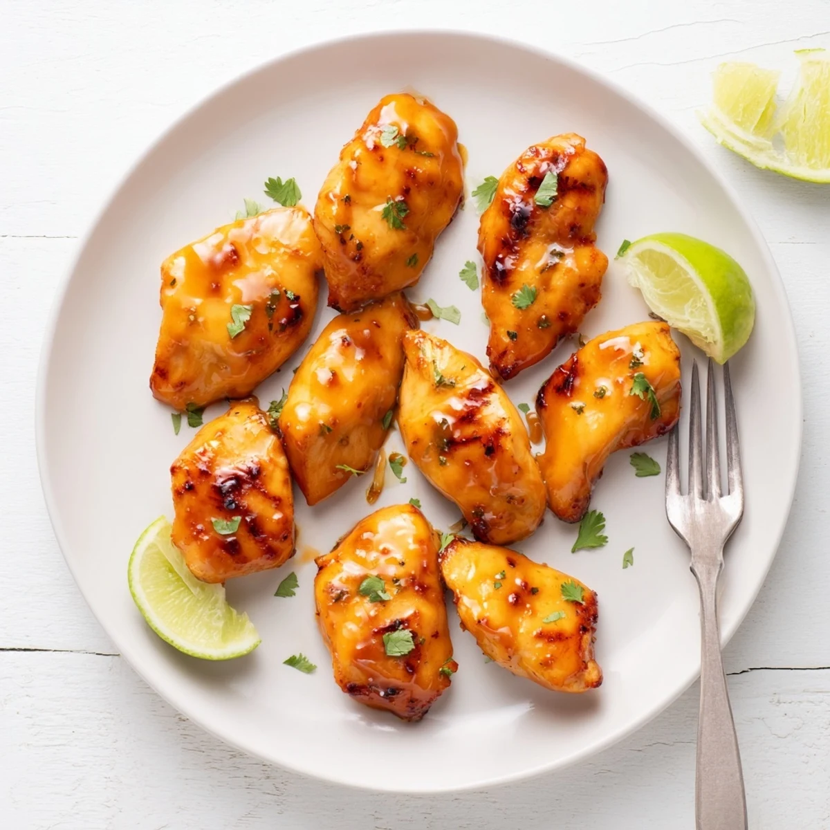 Tropical grilled mango chicken topped with chopped cilantro and served with fresh lime
