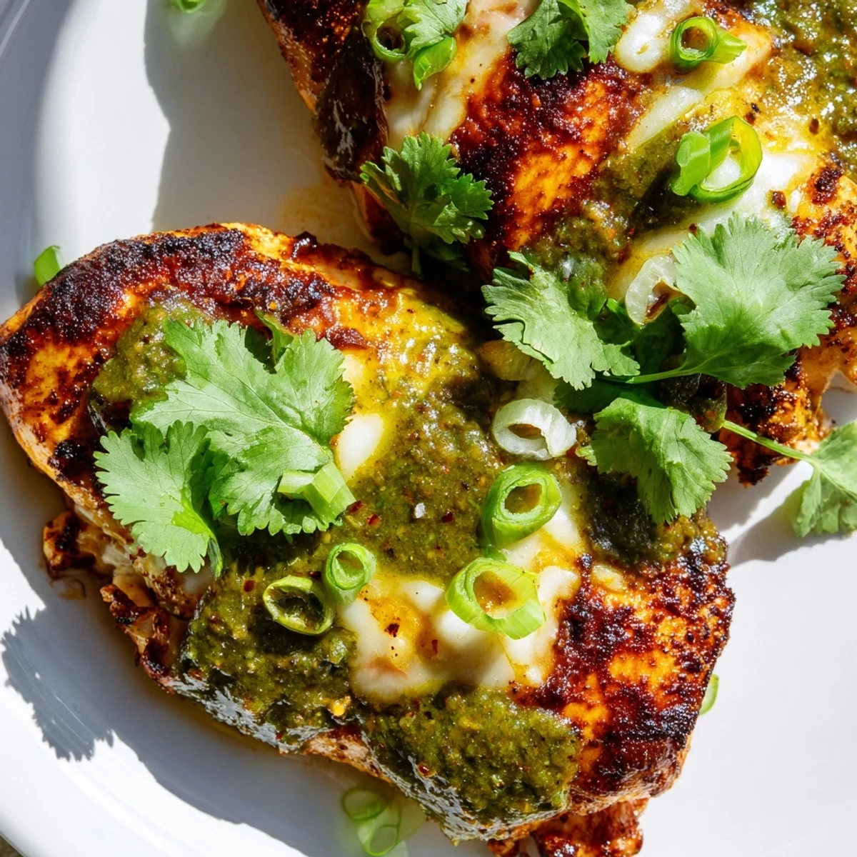 Spicy salsa verde pepper jack chicken fresh off the grill with garnishes of cilantro and green onions