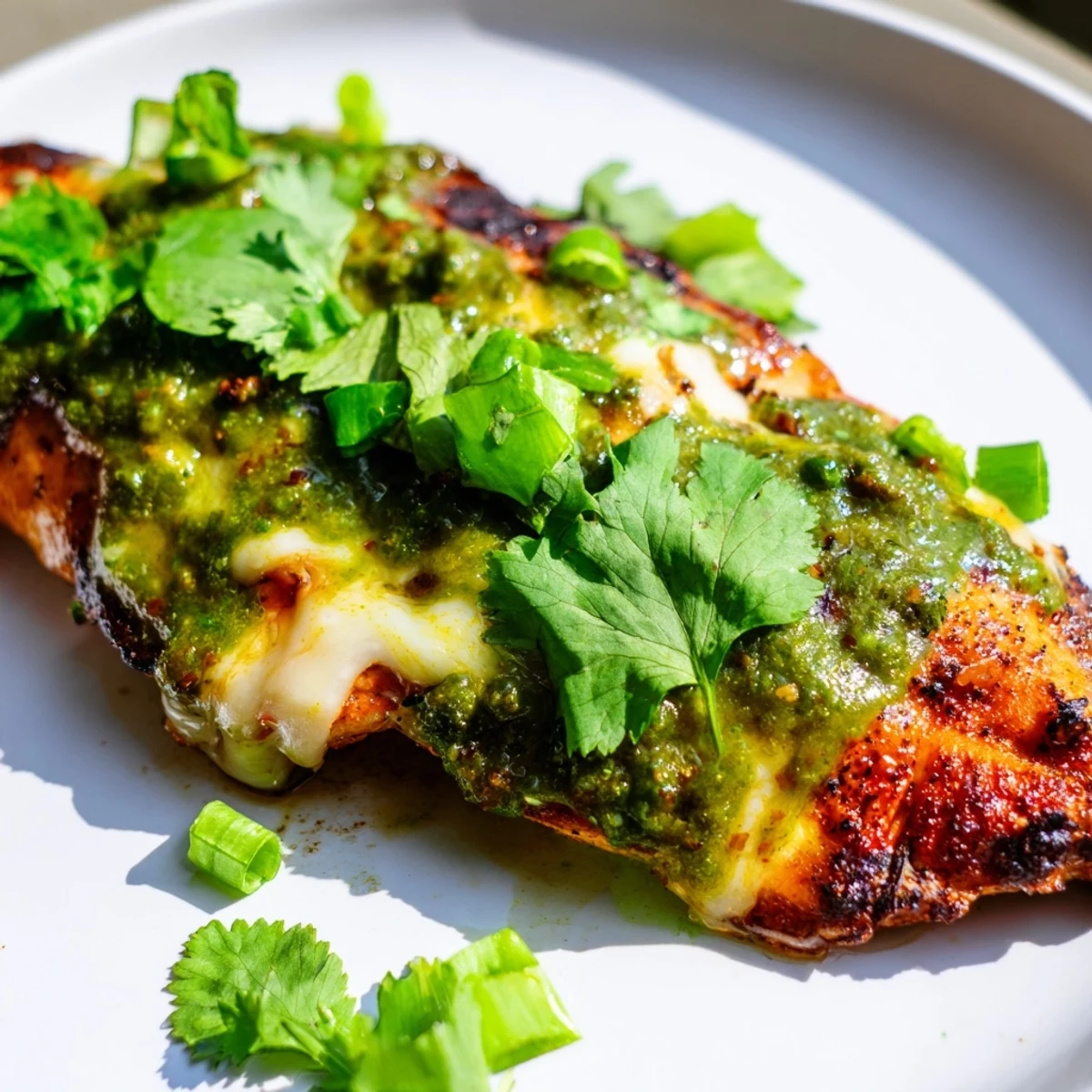Juicy spice rubbed chicken finished with tangy green salsa and bubbling pepper jack cheese