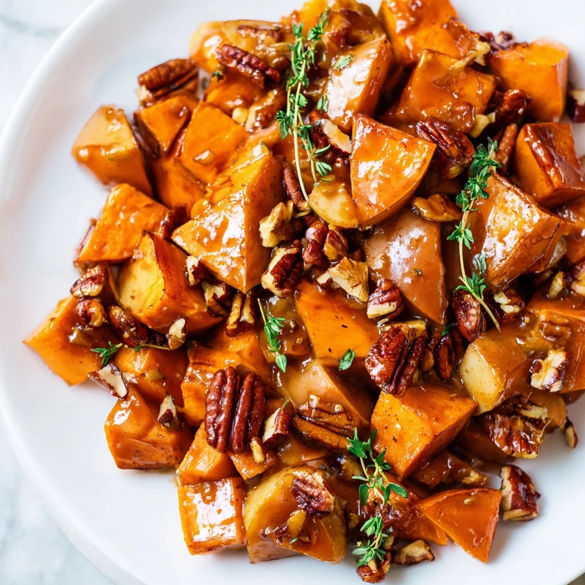 Golden roasted sweet potatoes and apples coated in warm cinnamon maple glaze