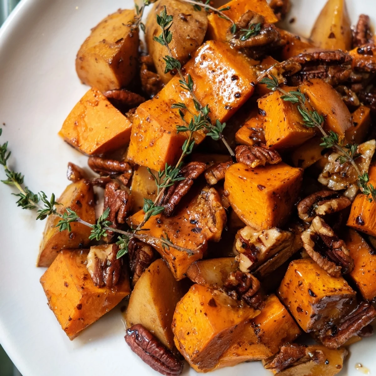 Tender caramelized sweet potatoes and apples drizzled with sweet maple cinnamon sauce
