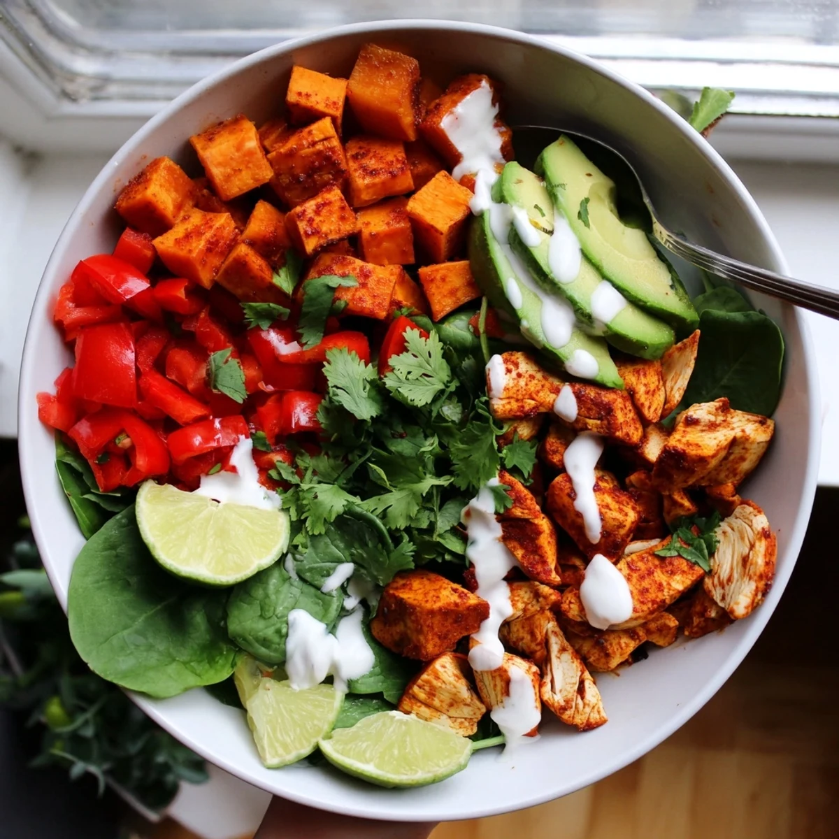 Colorful chicken sweet potato bowl with roasted vegetables, fresh avocado, and creamy yogurt drizzle