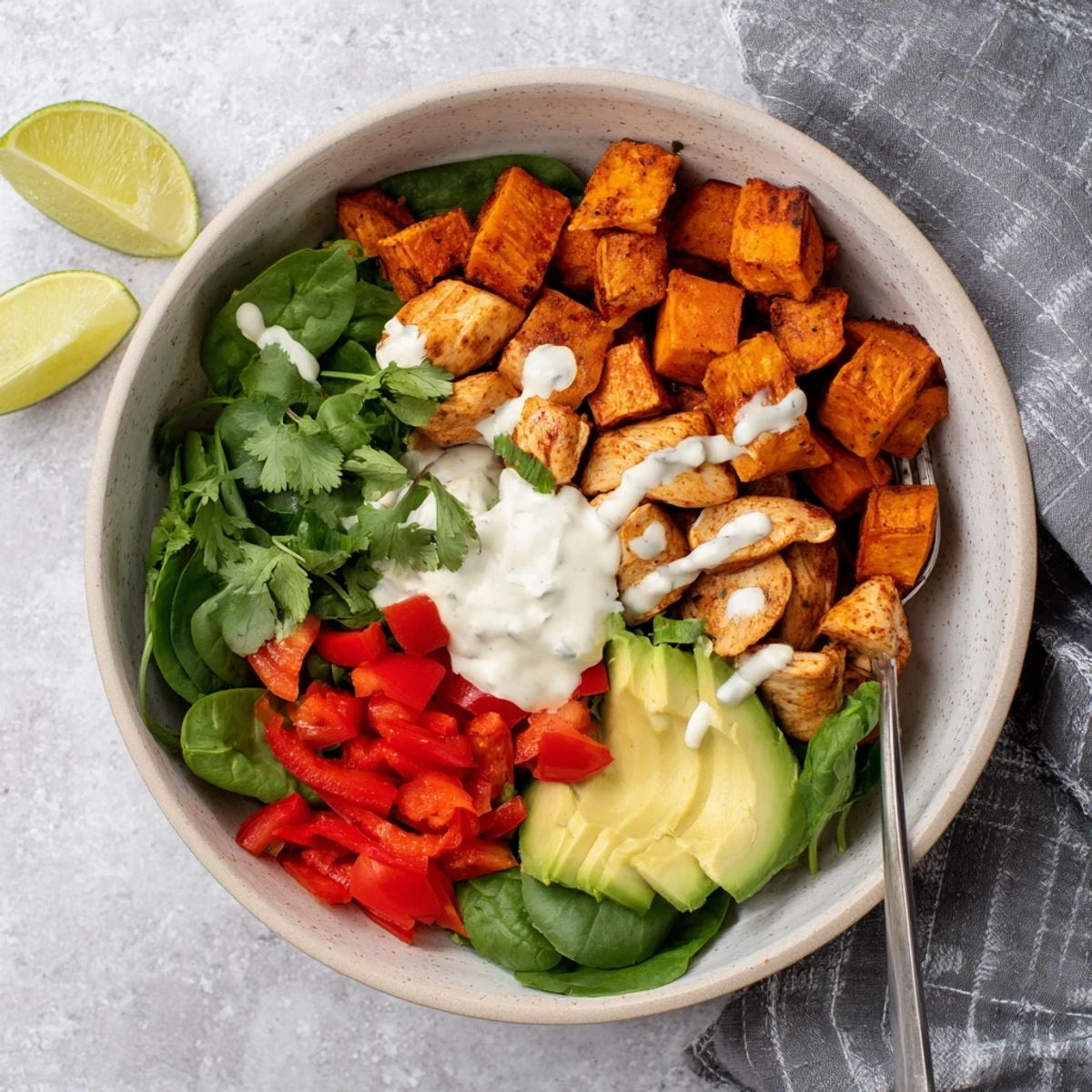Healthy meal prep chicken sweet potato bowl layered with spinach, bell peppers, and cherry tomatoes