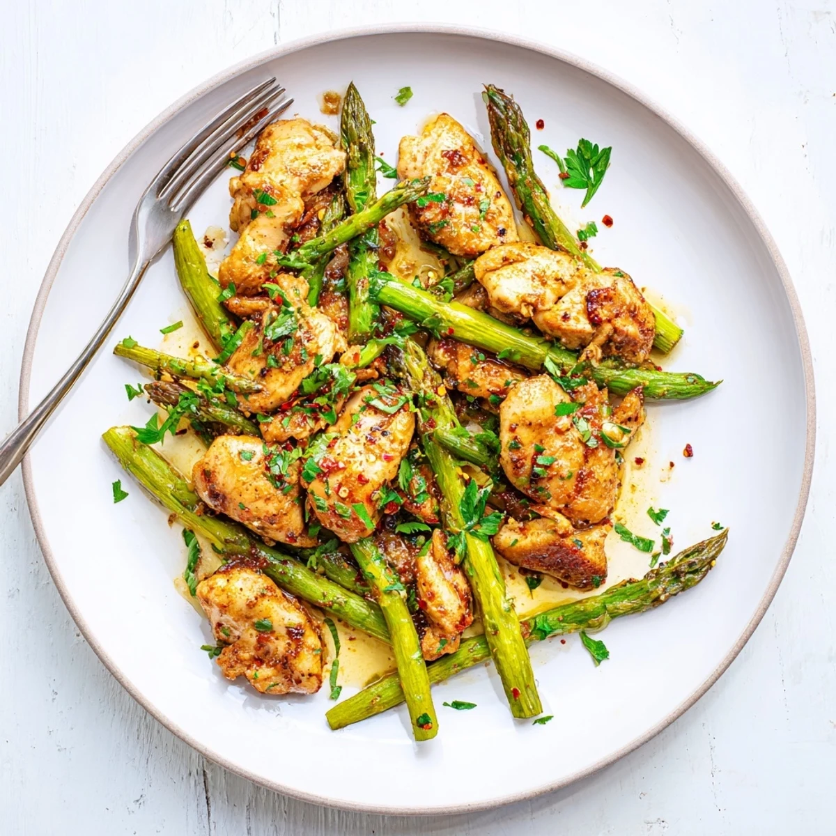 Golden chicken bites seared in garlic butter sauce with bright green asparagus spears on a white plate