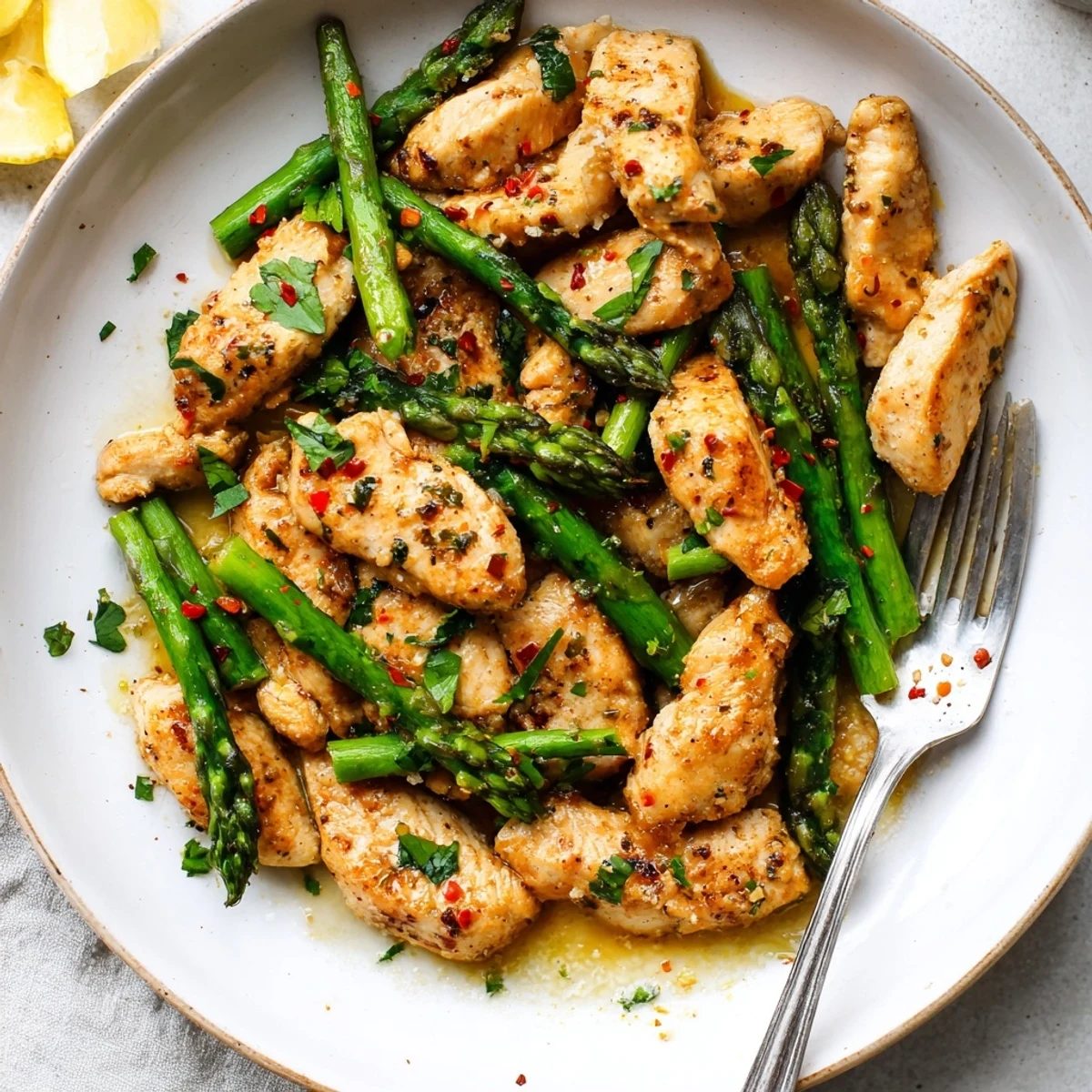 Tender garlic butter chicken bites nestled alongside crisp asparagus pieces garnished with fresh parsley