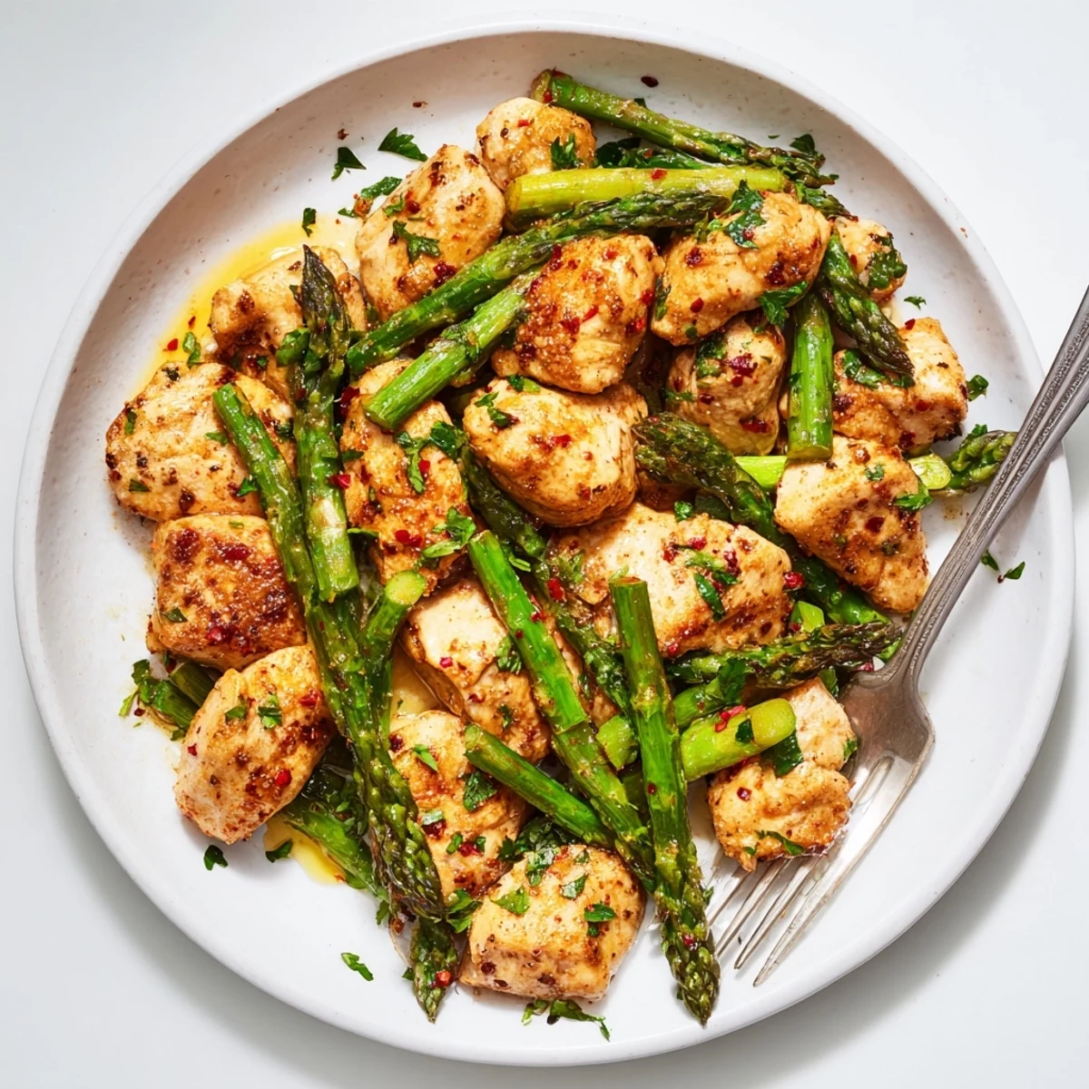 Sizzling skillet of garlic butter chicken bites and asparagus cooked to golden perfection