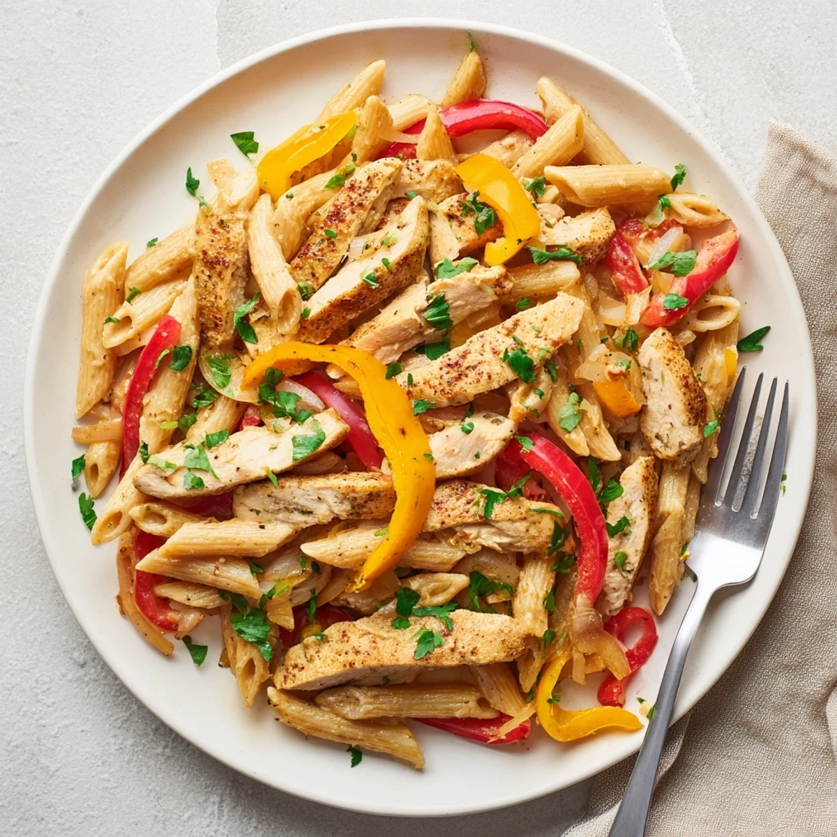 Golden Cajun chicken strips rest atop penne pasta coated in rich Parmesan cream sauce with colorful bell peppers