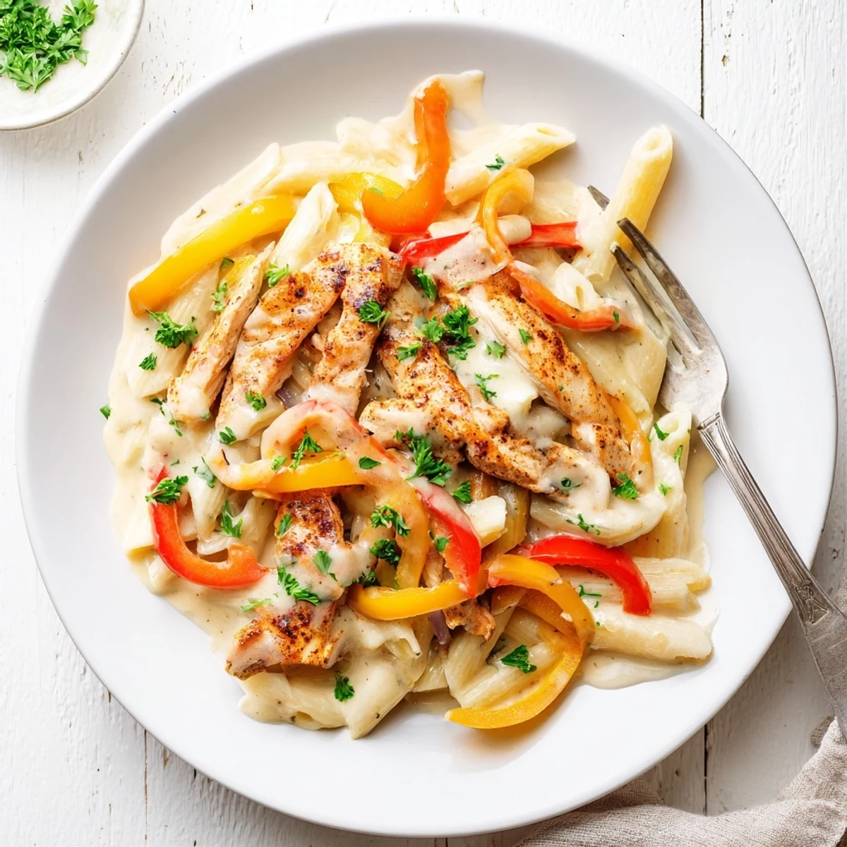 Spiced sliced chicken tossed with penne noodles in a velvety white sauce featuring red and yellow pepper slices