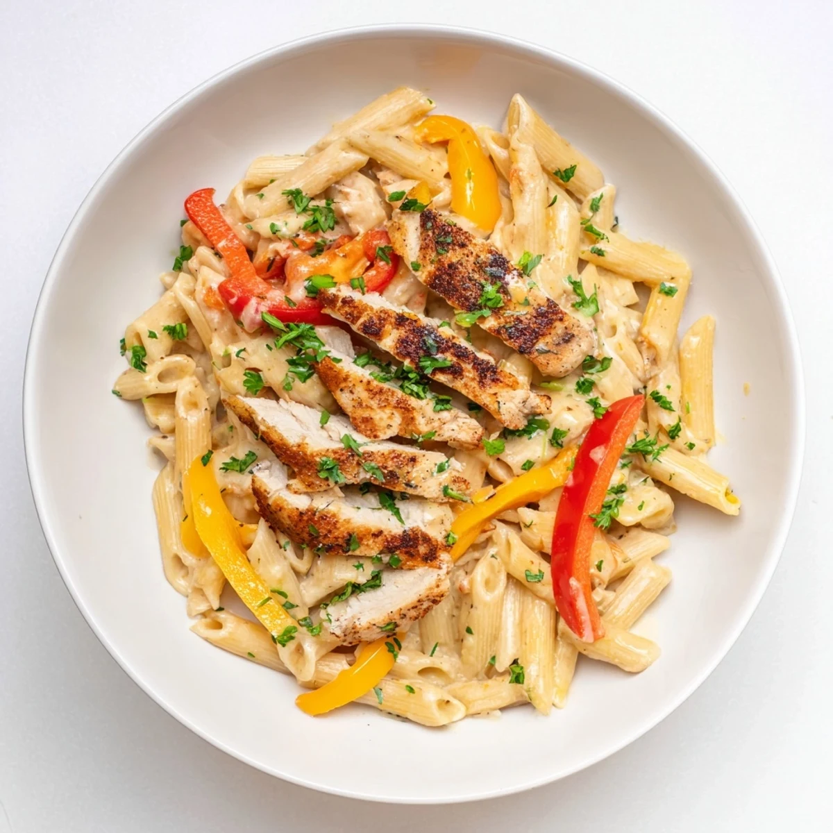 Creamy Cajun chicken penne pasta plated in a white bowl garnished with fresh green parsley and grated cheese