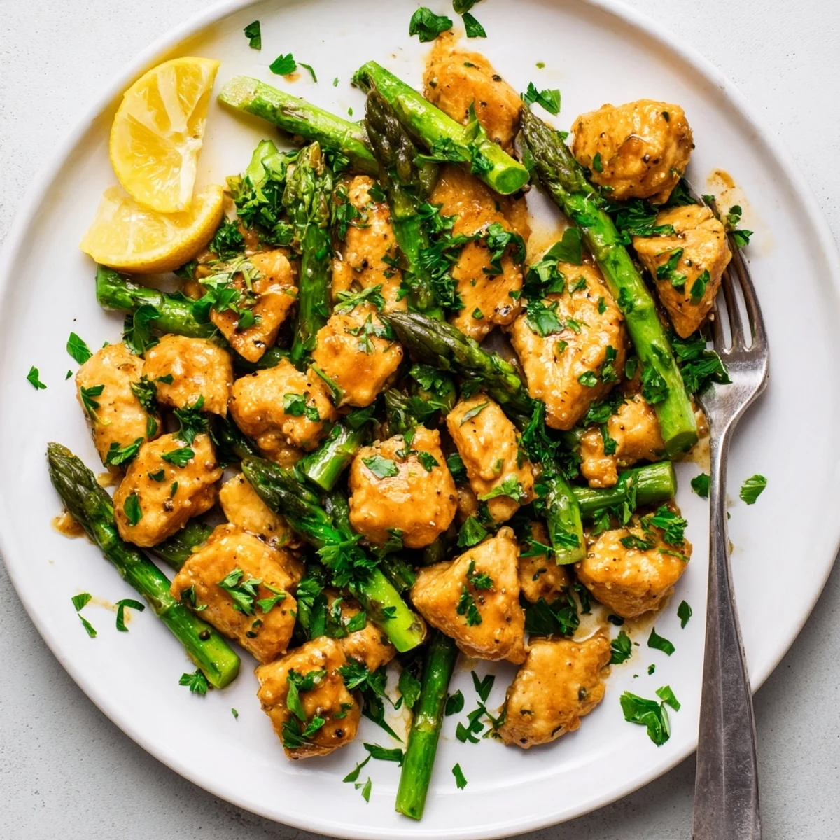 Tender pan-seared chicken cubes and fresh asparagus tossed in garlic butter with parsley garnish