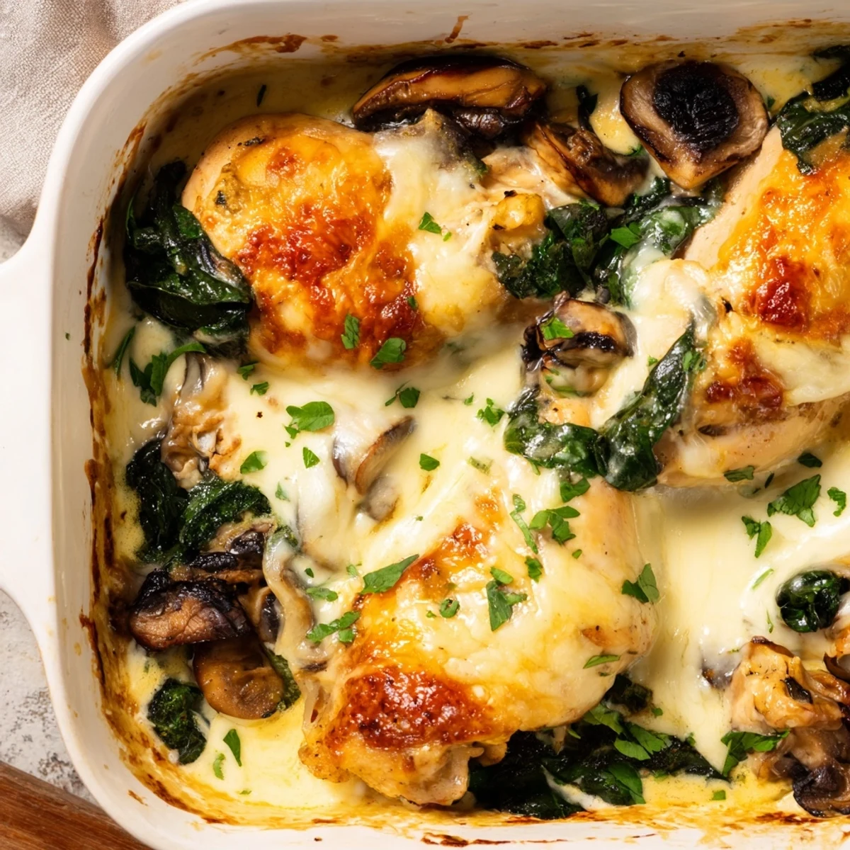 Golden brown low carb chicken spinach mushroom bake with bubbling mozzarella cheese topping