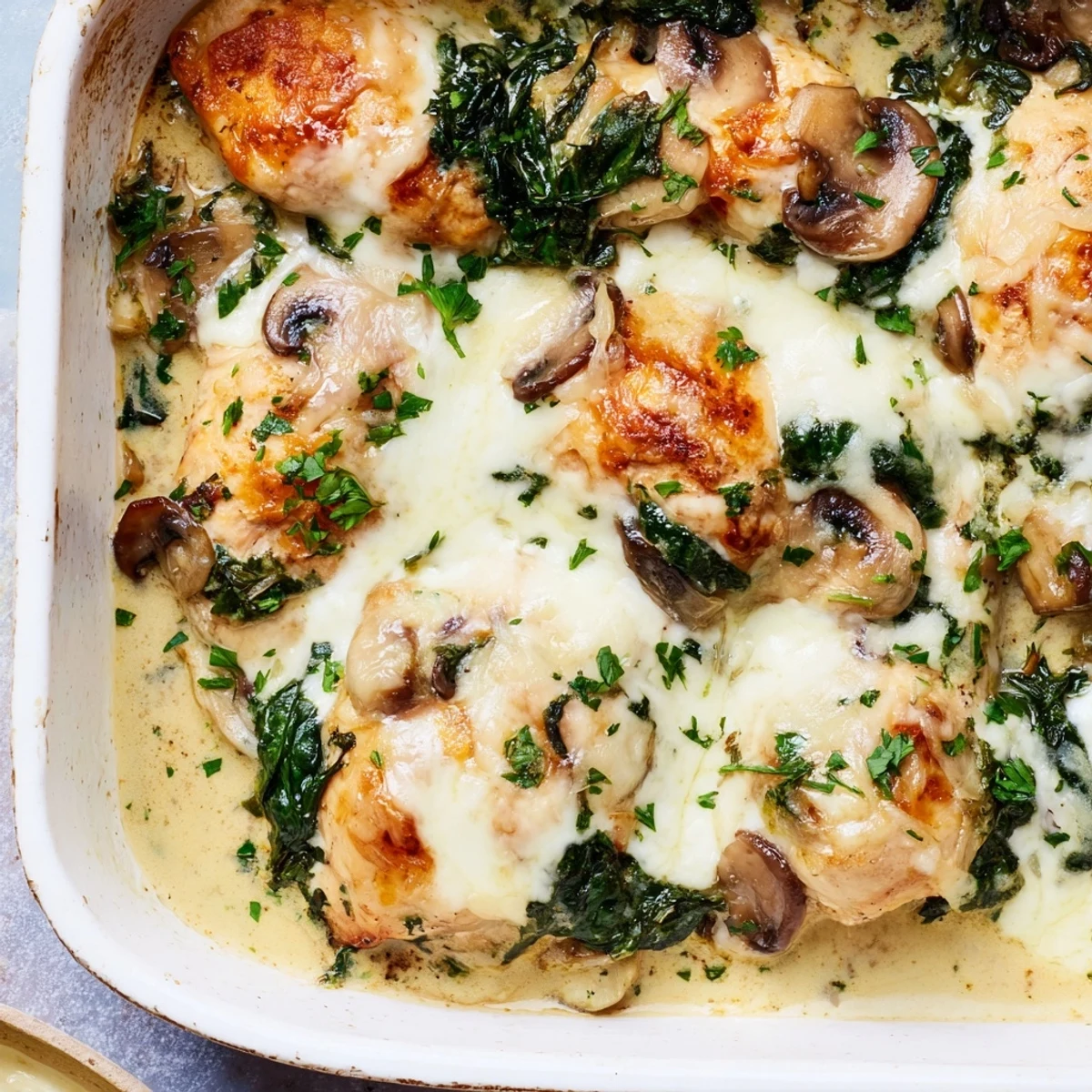 Baked low carb chicken spinach mushroom dish topped with melted mozzarella and fresh parsley
