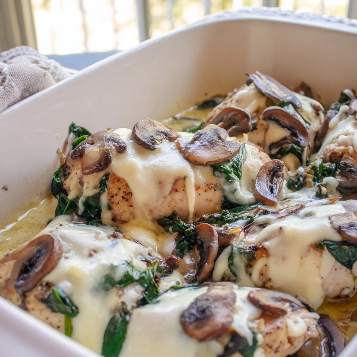 Golden bubbly low carb chicken spinach mushroom bake fresh from the oven with melted mozzarella topping