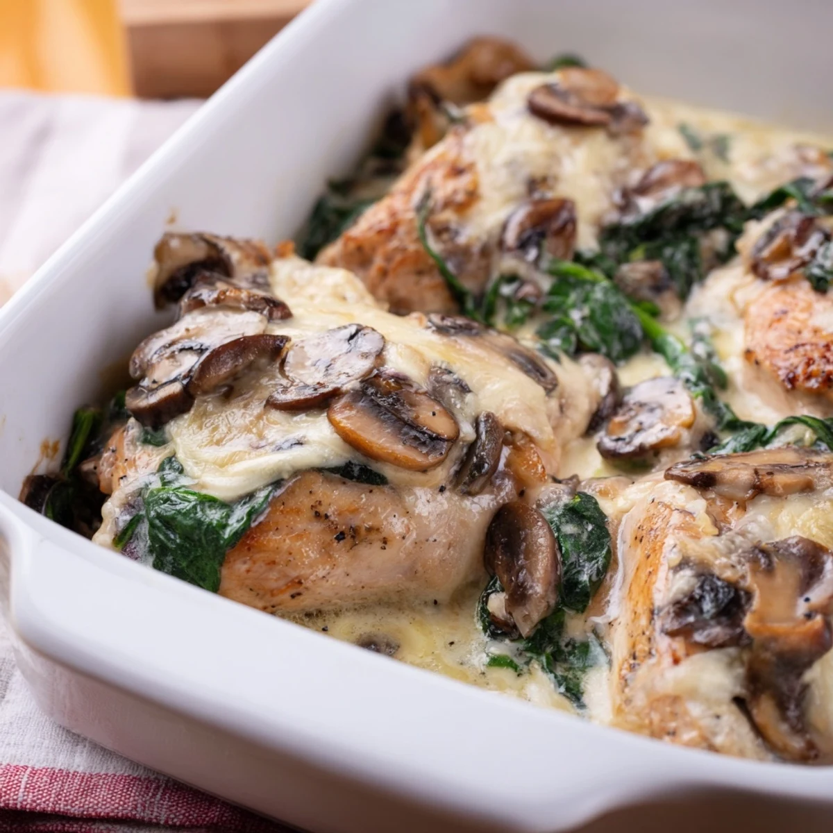 Savory creamy low carb chicken spinach mushroom bake casserole served in a white baking dish