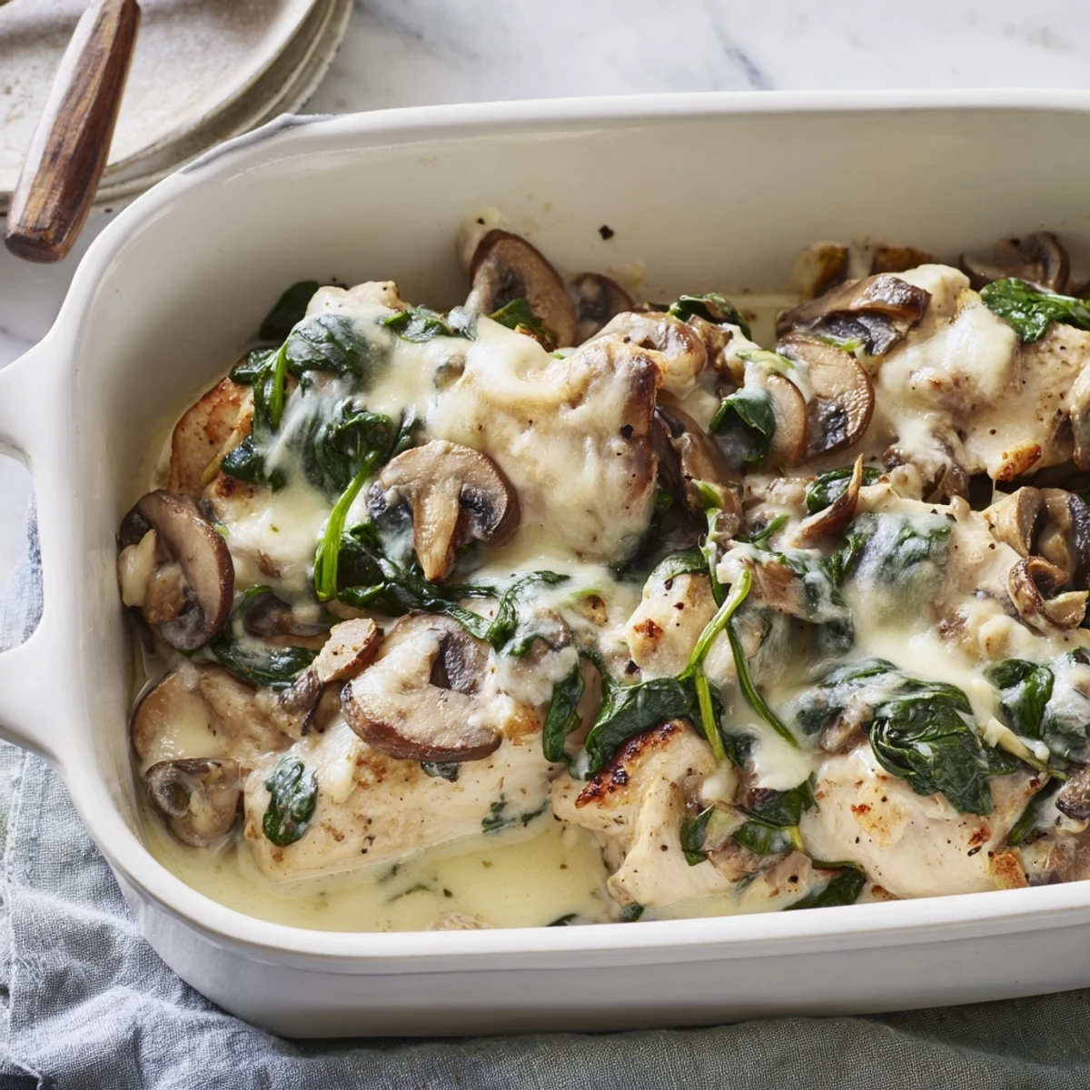 Juicy baked low carb chicken spinach mushroom bake topped with golden melted cheese and wilted spinach